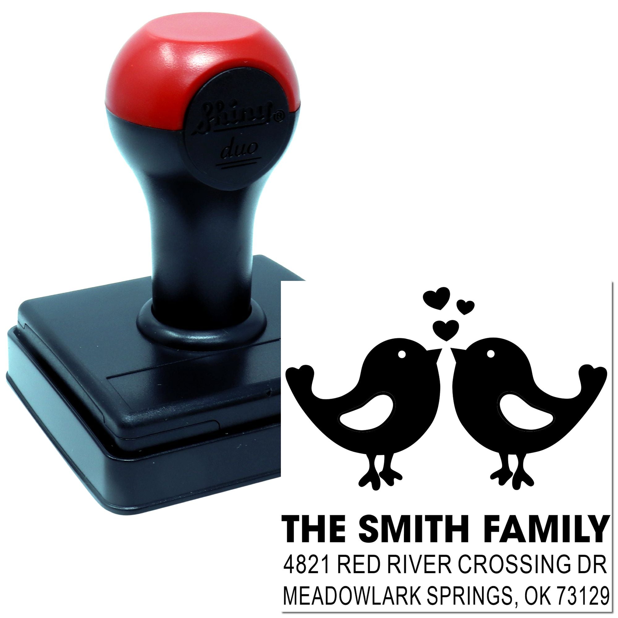 Self-inking rubber address stamp with bird and heart design, personalized with The Smith Family name and return address for home mail.