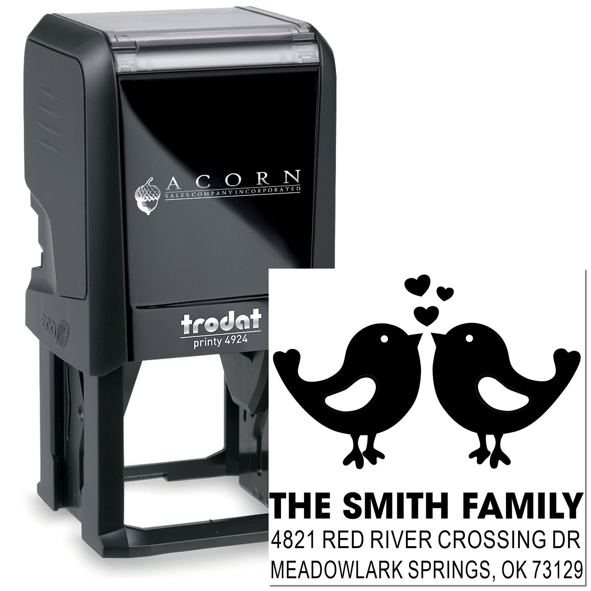 Custom self-inking address stamp with bird love design, Trodat Printy 4924 rubber stamp for the Smith family, Meadowlark Springs OK