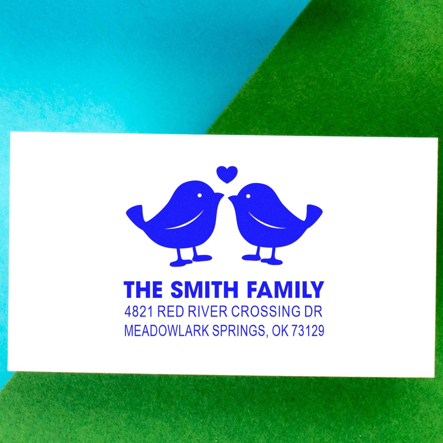 Custom rubber stamp with two blue birds and heart, personalized family return address stamp for wedding stationery, envelopes, and mailing labels