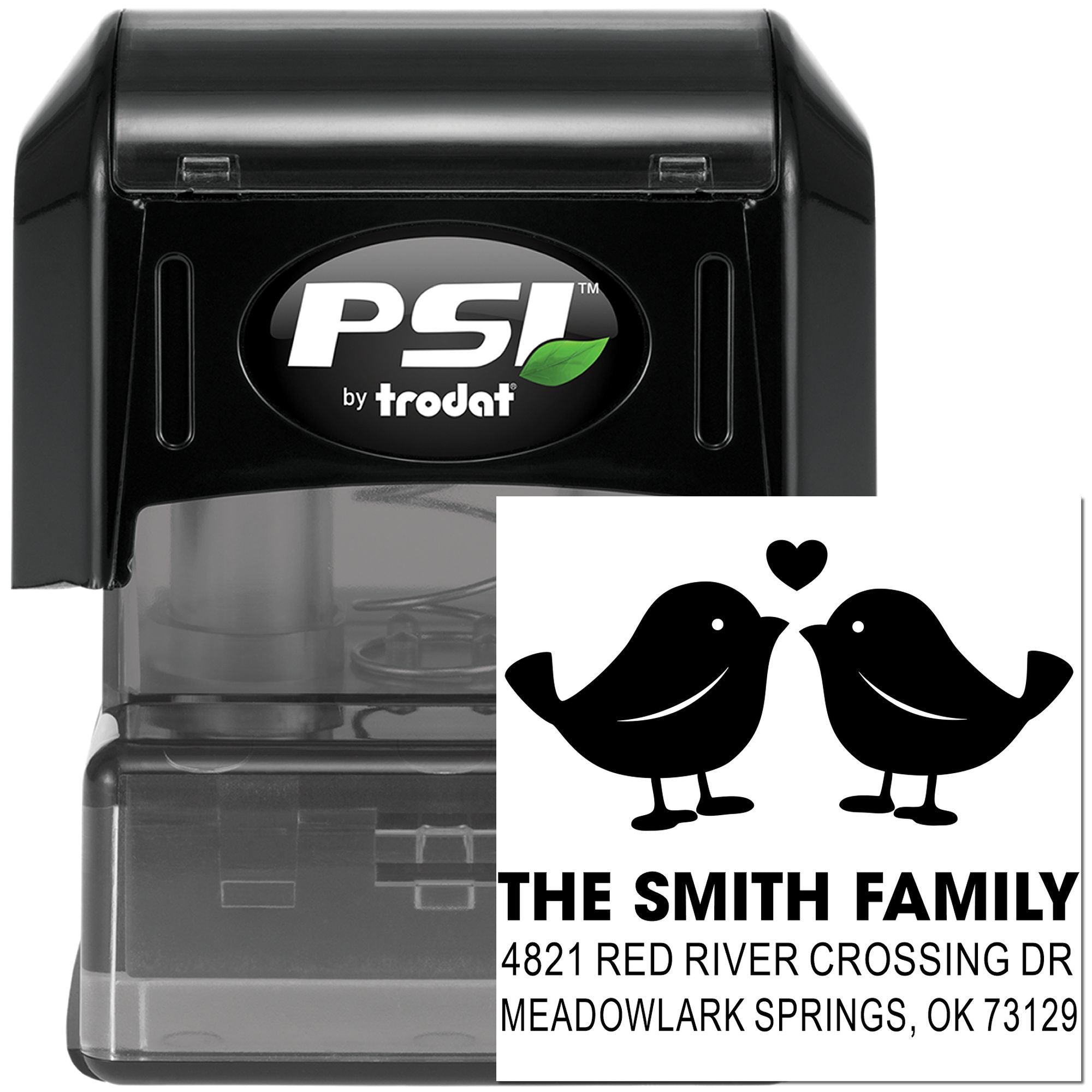 PSI by Trodat self-inking rubber stamp with custom return address, two birds and heart design, ideal for family mailings, wedding invites, and crafts