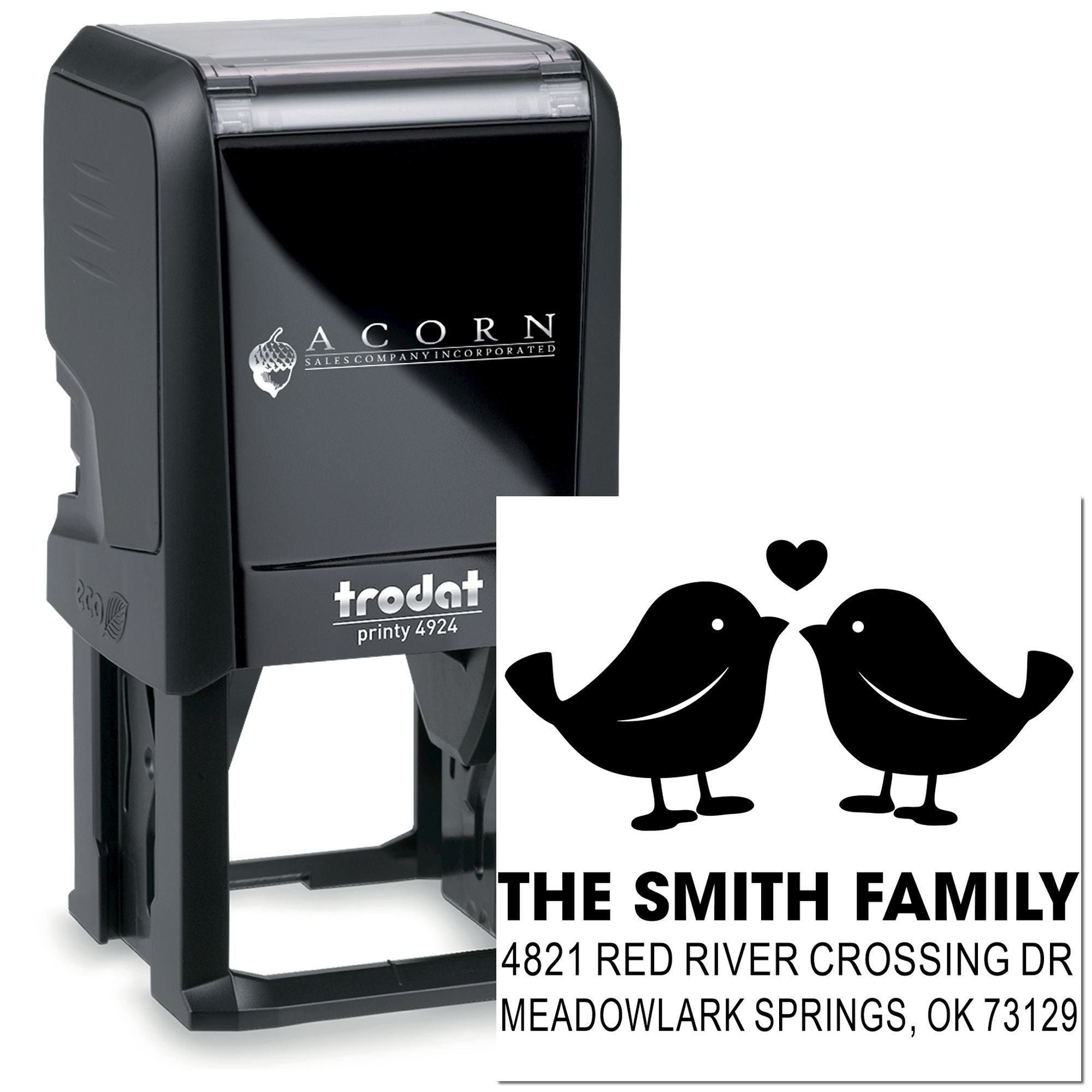 Custom self-inking rubber stamp with two birds and heart design, personalized family name and address for mailing, envelopes, and stationery.
