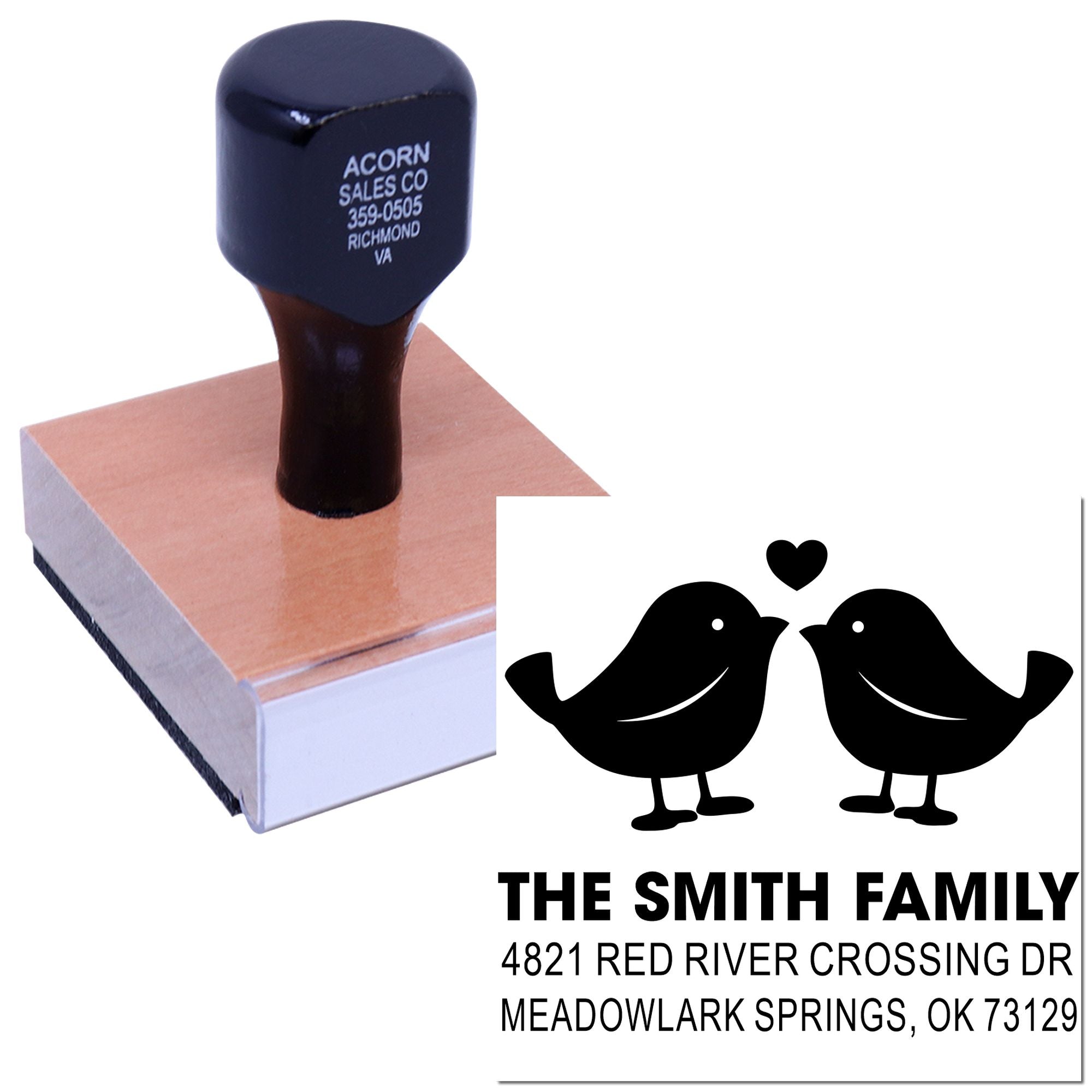 Custom rubber address stamp with self-inking handle, bird monogram design, and personalized Smith Family return address for mail and wedding stationery