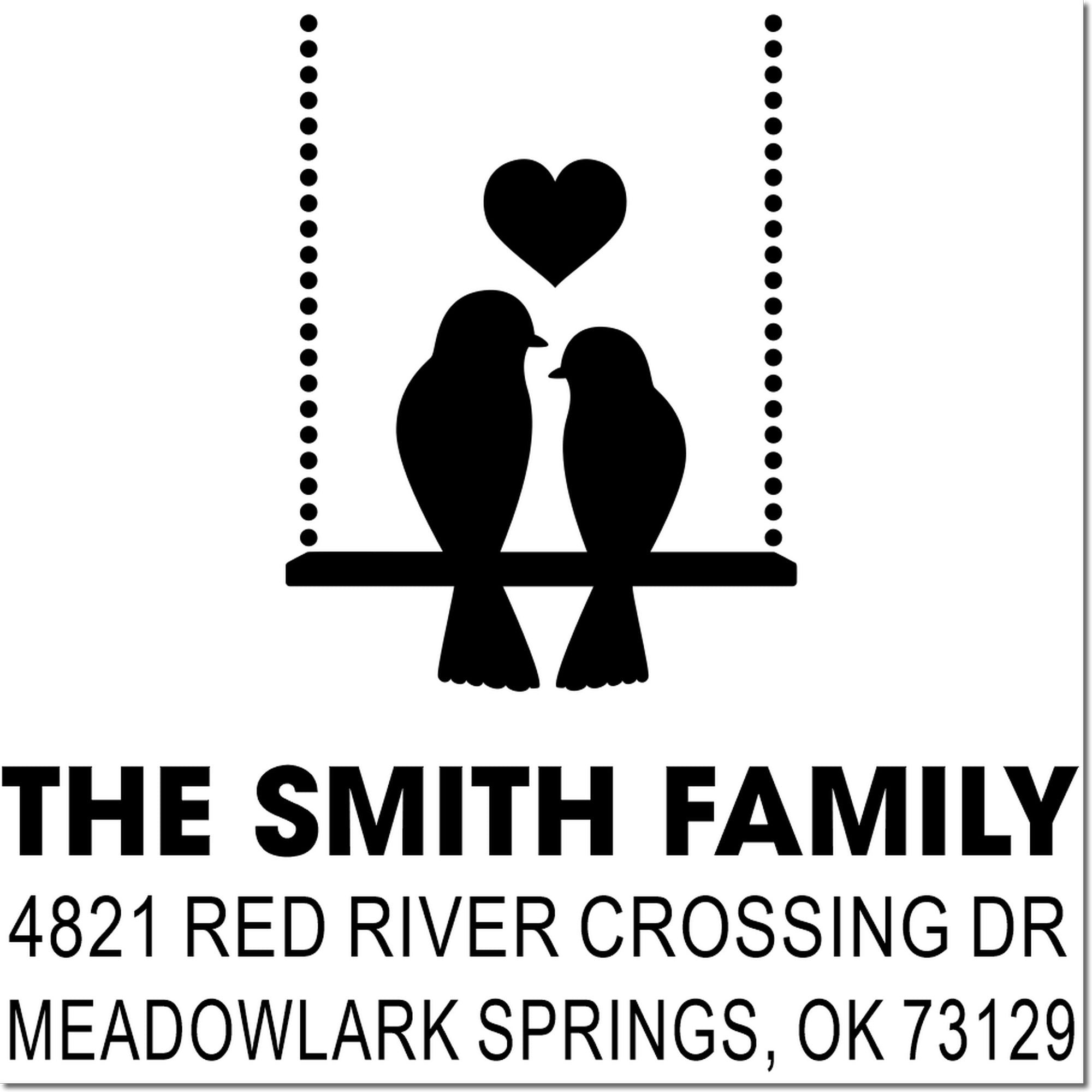 Custom rubber stamp return address design with birds, heart icon, and Smith family name at 4821 Red River Crossing Dr, Meadowlark Springs, OK 73129