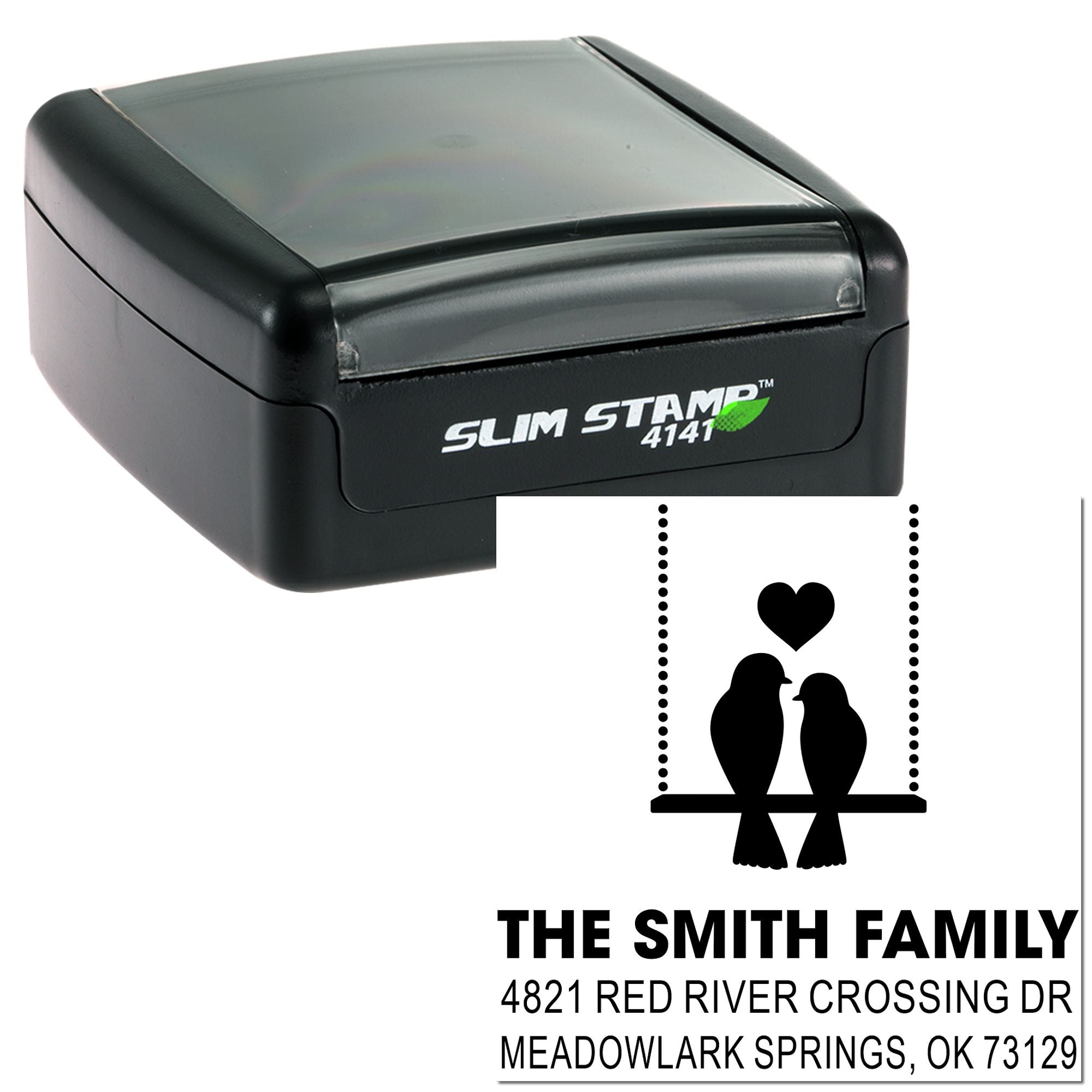 Slim Stamp 4141 self-inking custom family address rubber stamp with birds and heart design for personalized home return address mailing