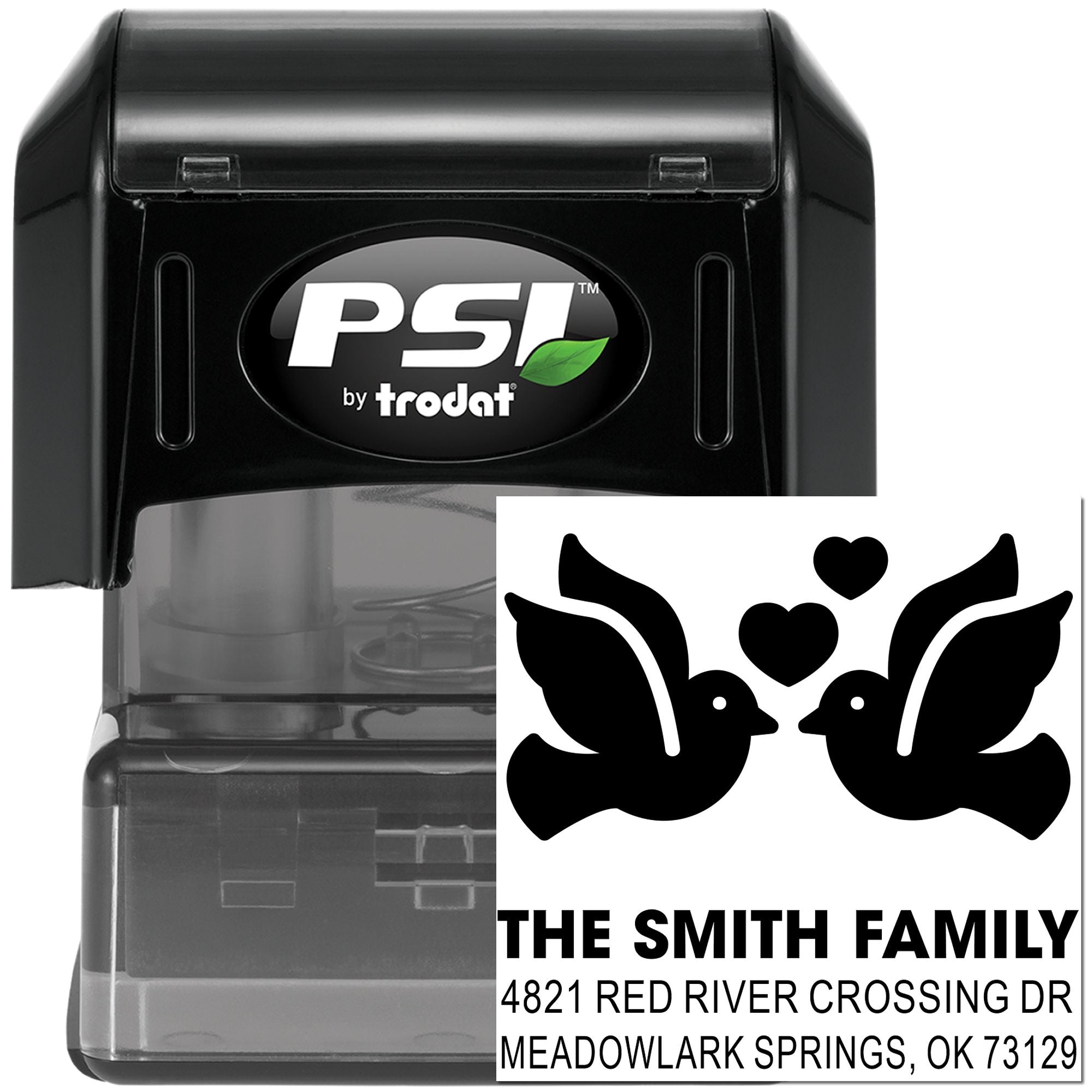 PSI by Trodat self-inking custom rubber stamp with dove and heart design, personalized family name and return address for envelopes and mailings
