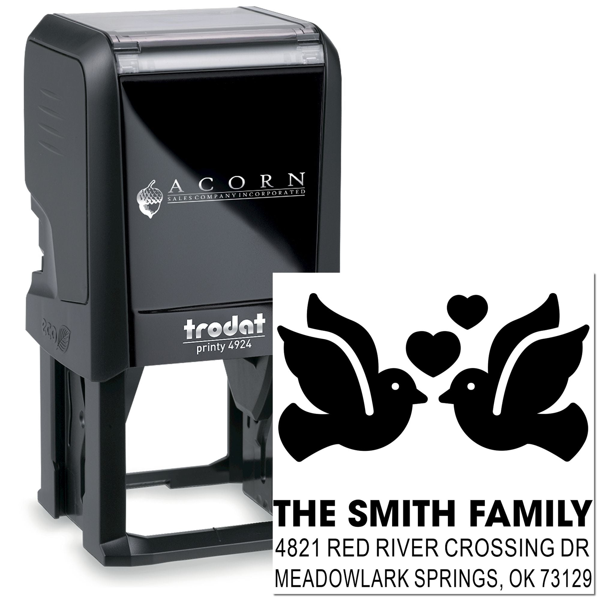 Trodat Printy 4924 self-inking rubber stamp with custom family address design, birds and hearts graphic for personalized mailing labels.