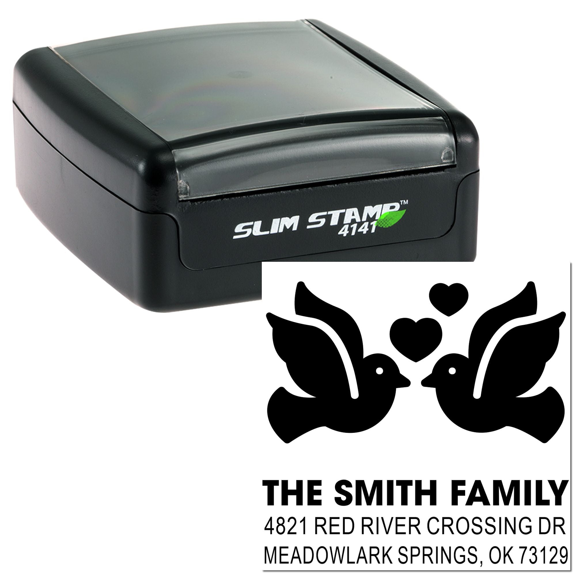 Slim Stamp 4141 self-inking rubber address stamp with custom family return address, dove and heart monogram design, Meadowlark Springs OK