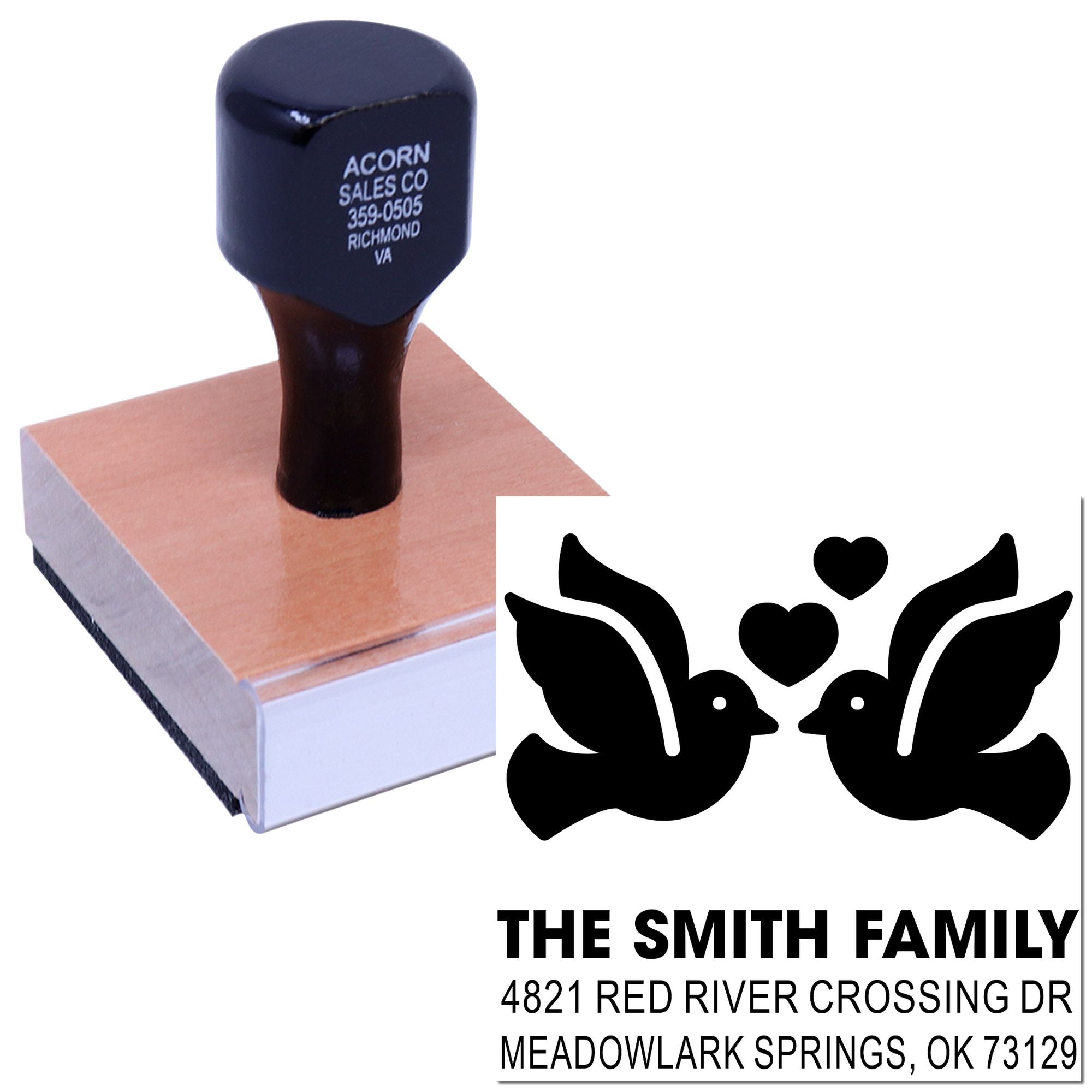 Custom rubber stamp with dove and heart design, personalized Smith family address stamp for 4821 Red River Crossing Dr, Meadowlark Springs, OK 73129