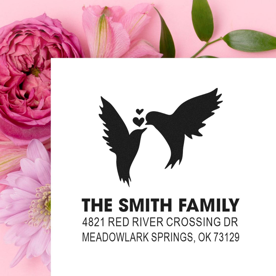 Custom rubber stamp with dove and hearts design, The Smith Family address stamp for Meadowlark Springs, OK, ideal for wedding and mail use