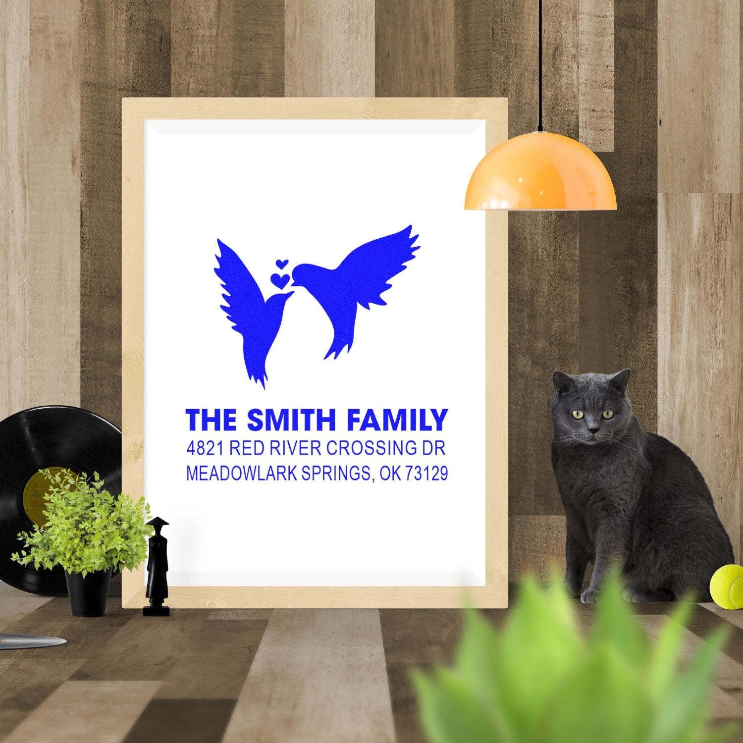 Custom hummingbird family address rubber stamp with The Smith Family name and Red River Crossing address in bold blue personalized blue print design