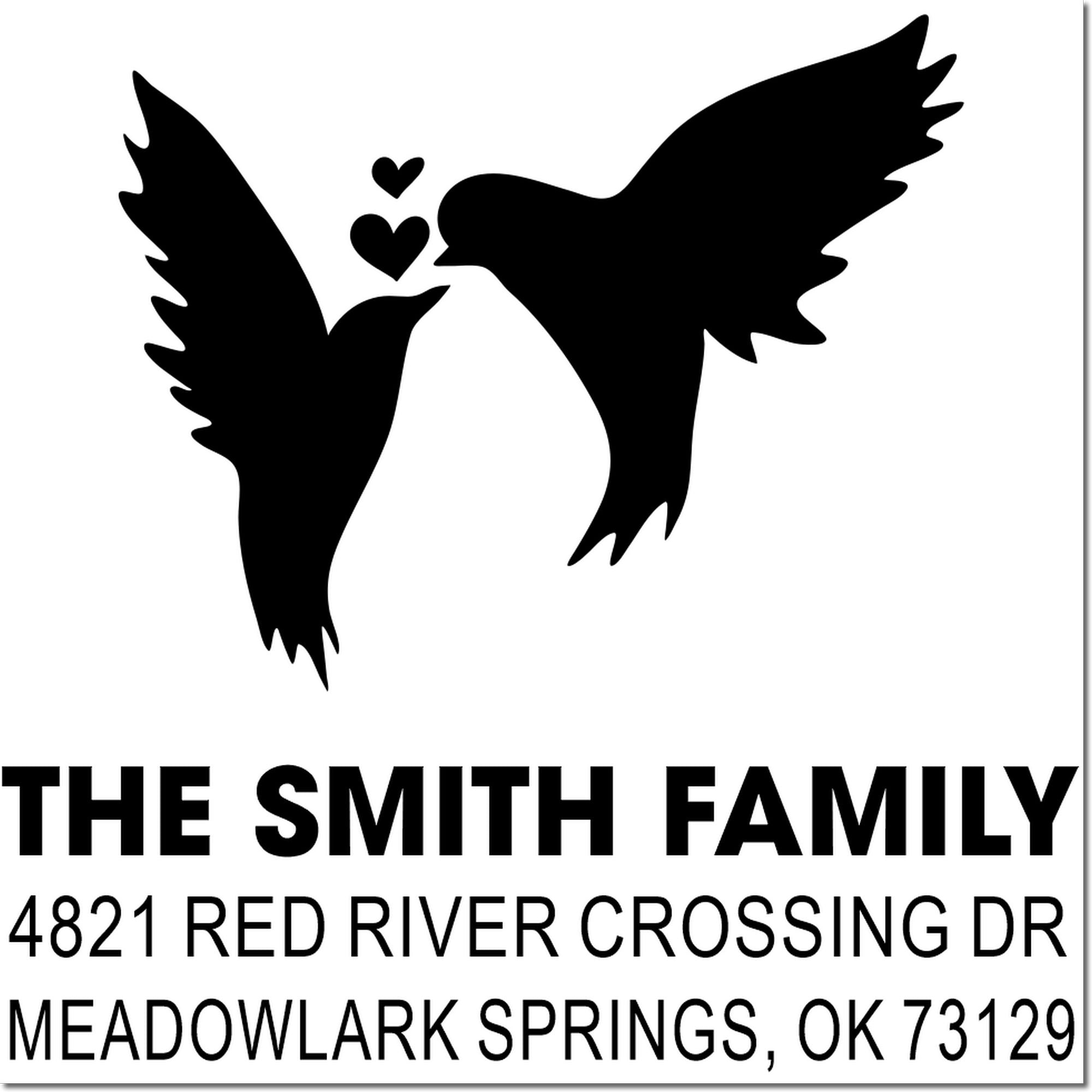 Custom Smith Family return address rubber stamp with flying dove and hearts, 4821 Red River Crossing Dr, Meadowlark Springs, OK 73129
