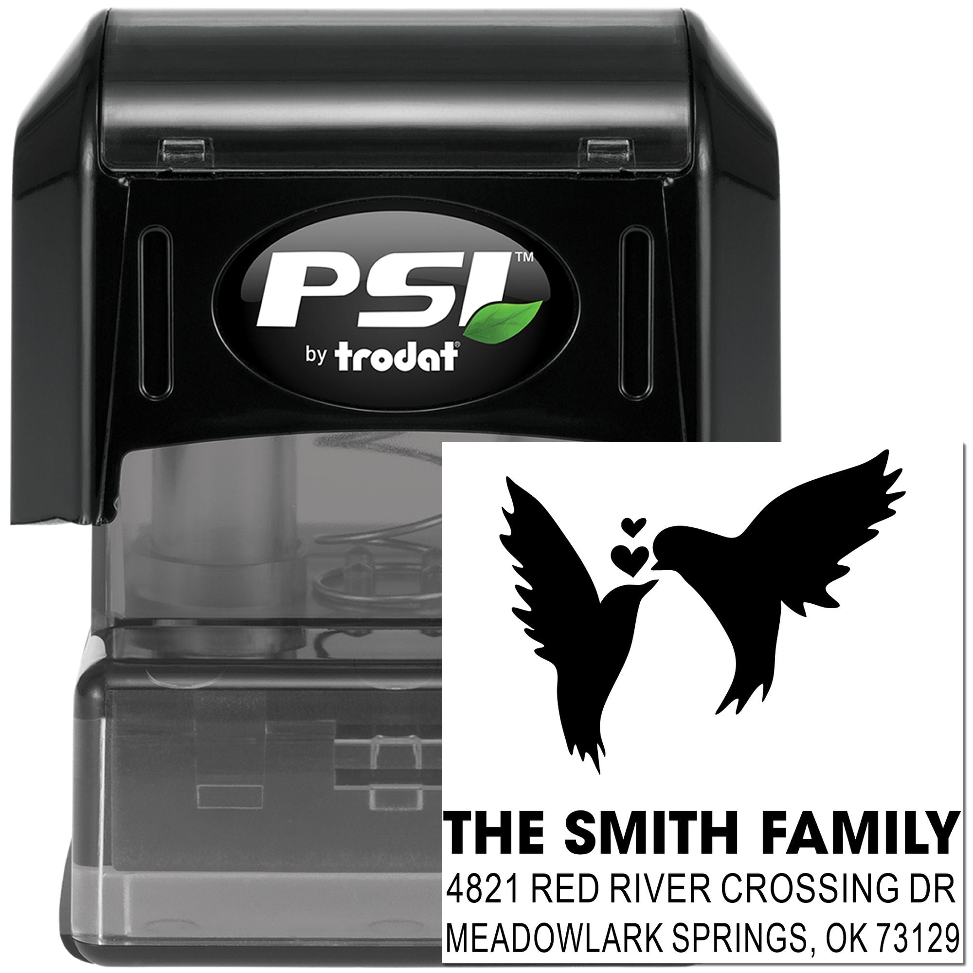 Custom self-inking address stamp by PSI Trodat with doves and hearts design, Smith Family name, and return address for wedding or home mail.