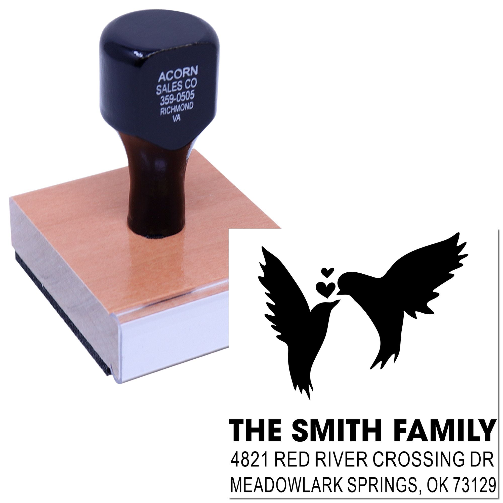 Custom rubber stamp featuring doves and hearts with The Smith Family name and address, ideal for wedding invitations, cards, and mailing.