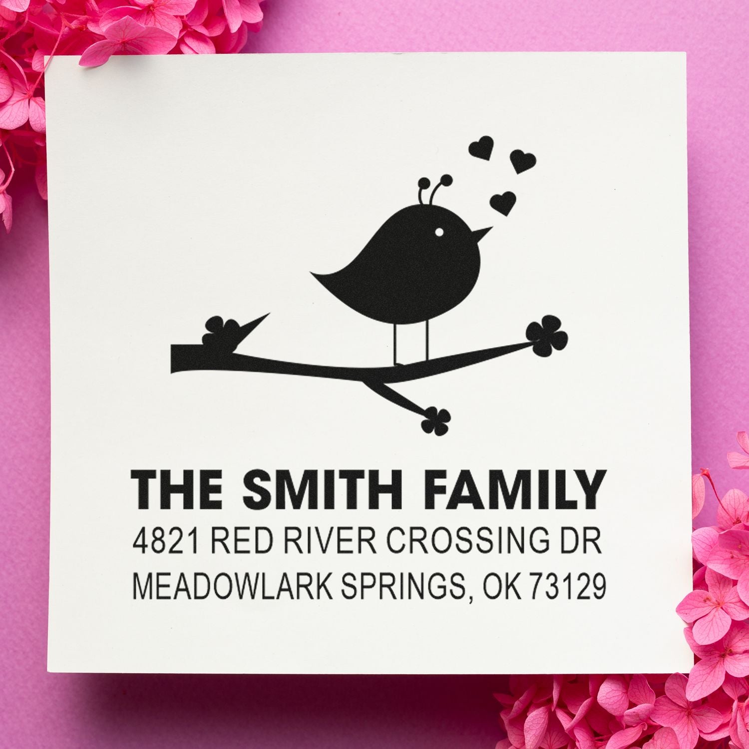 Custom rubber address stamp with bird and hearts design for The Smith Family, 4821 Red River Crossing Dr, Meadowlark Springs, OK 73129