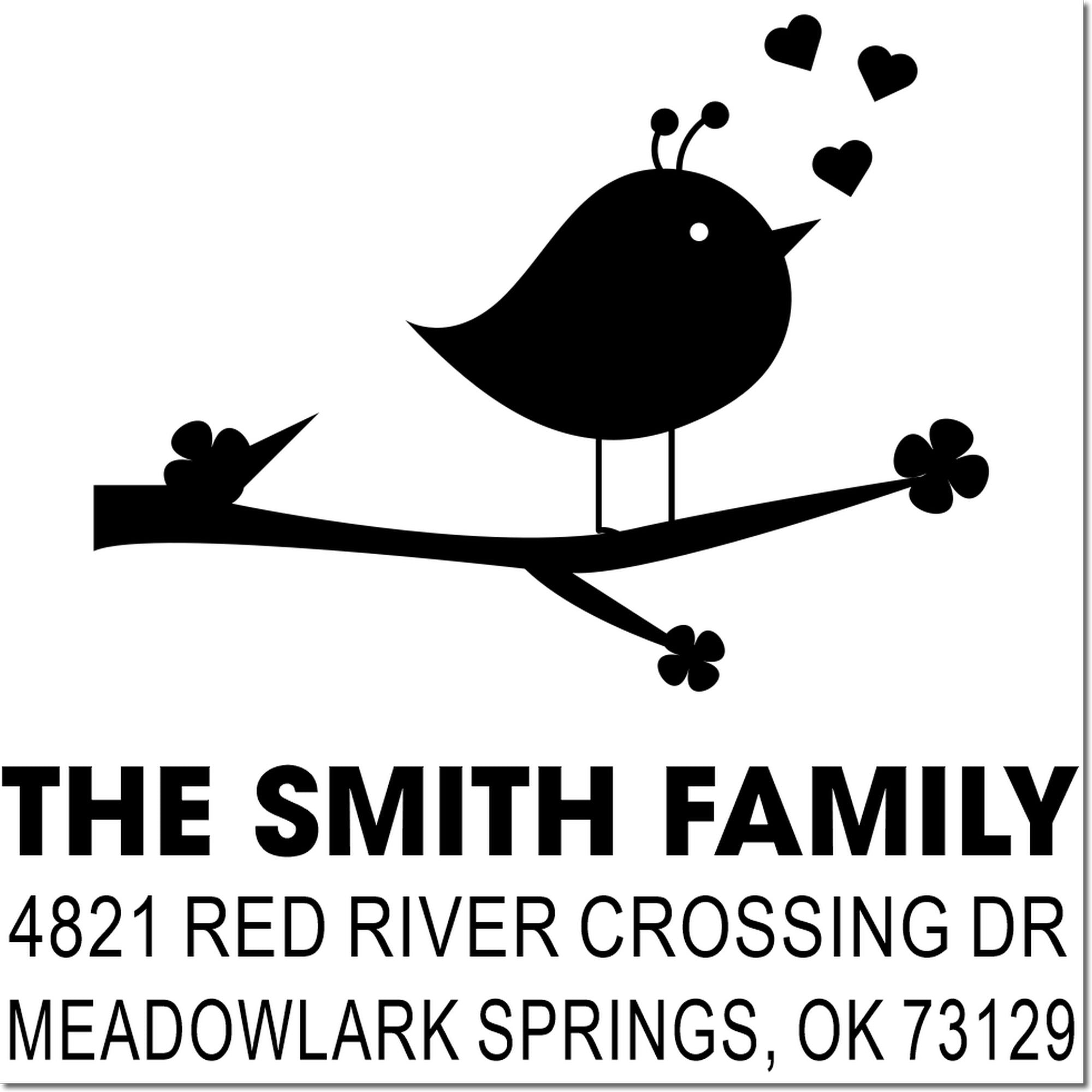 Custom family address rubber stamp with bird and hearts design for The Smith Family, 4821 Red River Crossing Dr, Meadowlark Springs, OK 73129