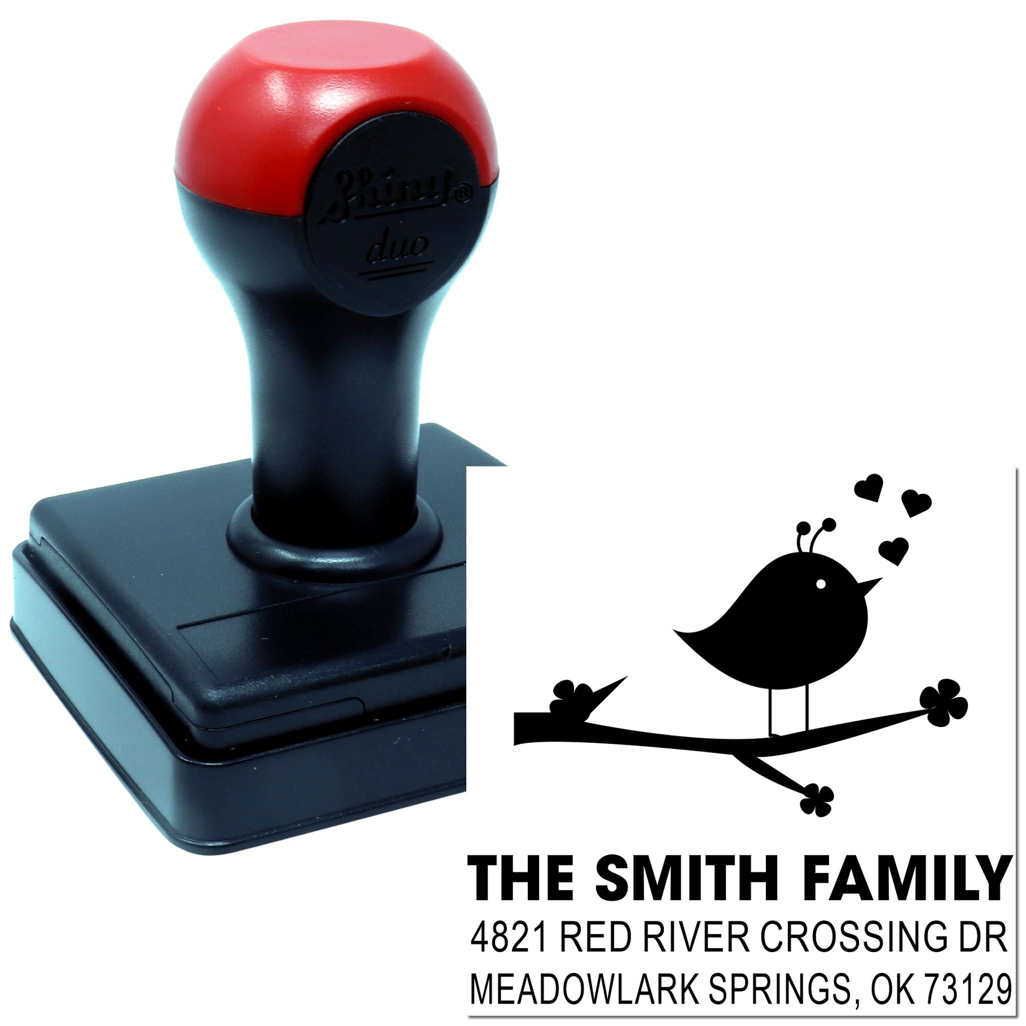 Custom self-inking rubber stamp with bird design, personalized family return address mailing stamp for The Smith Family, Meadowlark Springs, OK 73129