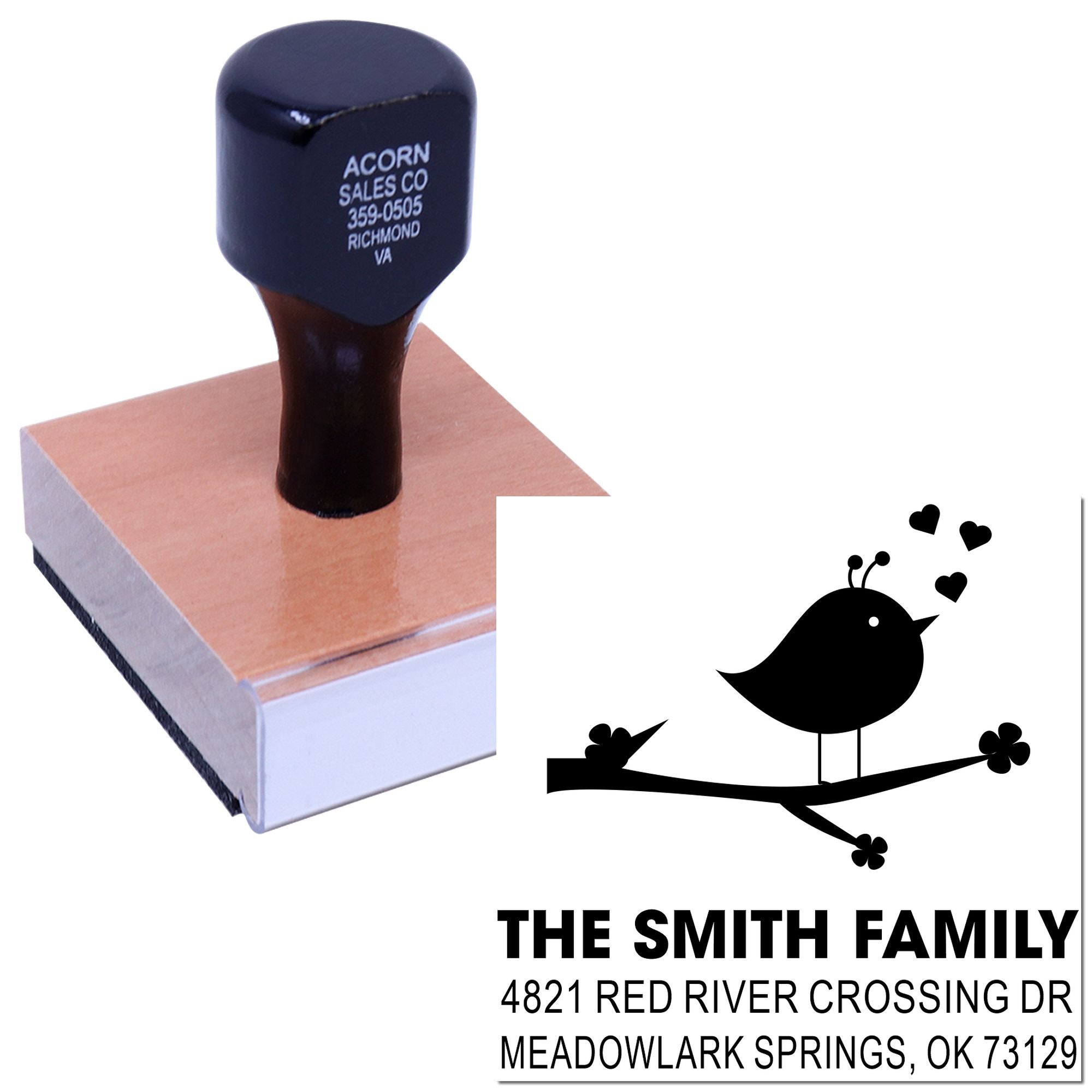 Custom self-inking rubber stamp with bird design and personalized family return address, perfect for envelopes, cards and home stationery.