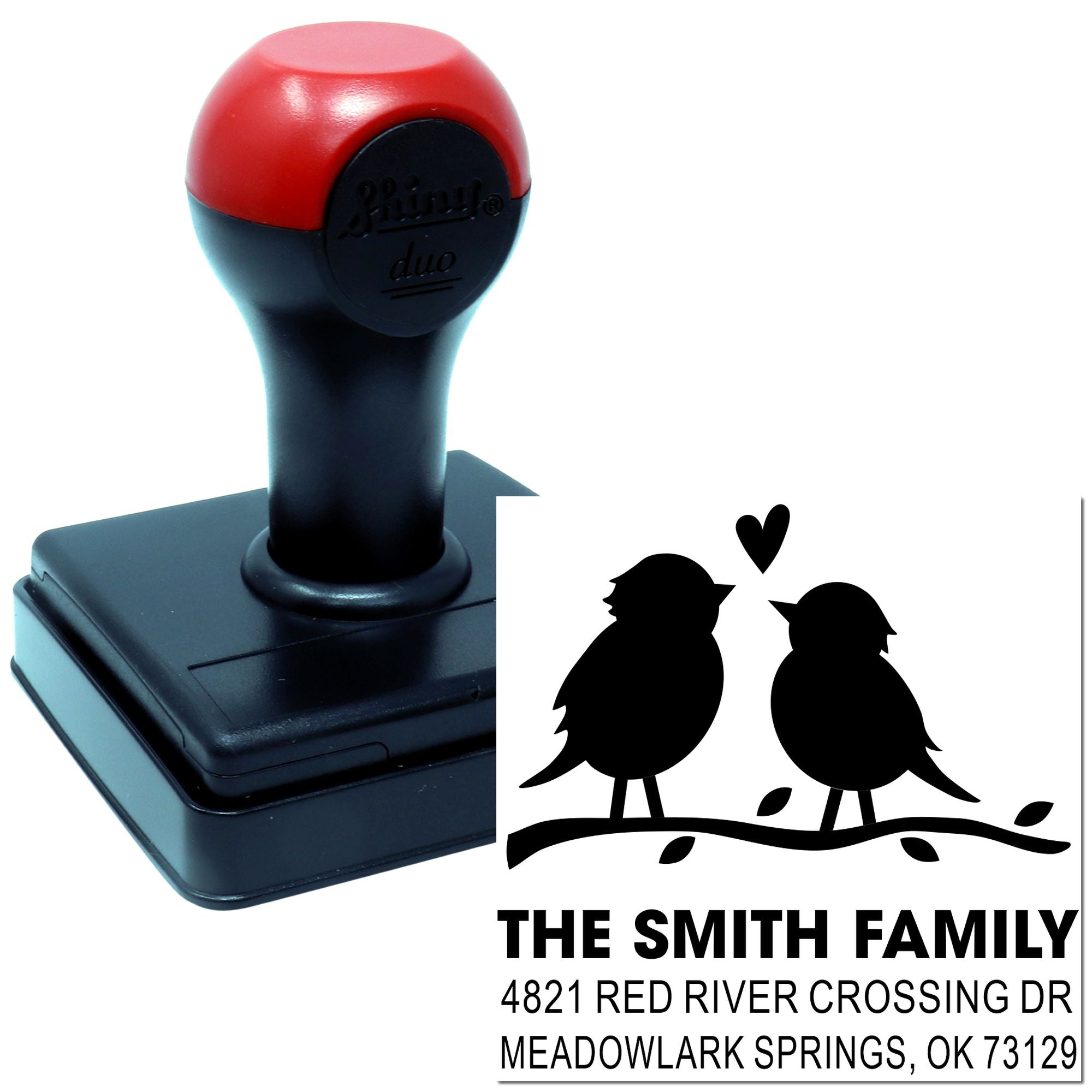 Custom self-inking rubber stamp with birds and family address design, featuring The Smith Family and Meadowlark Springs, OK return address.