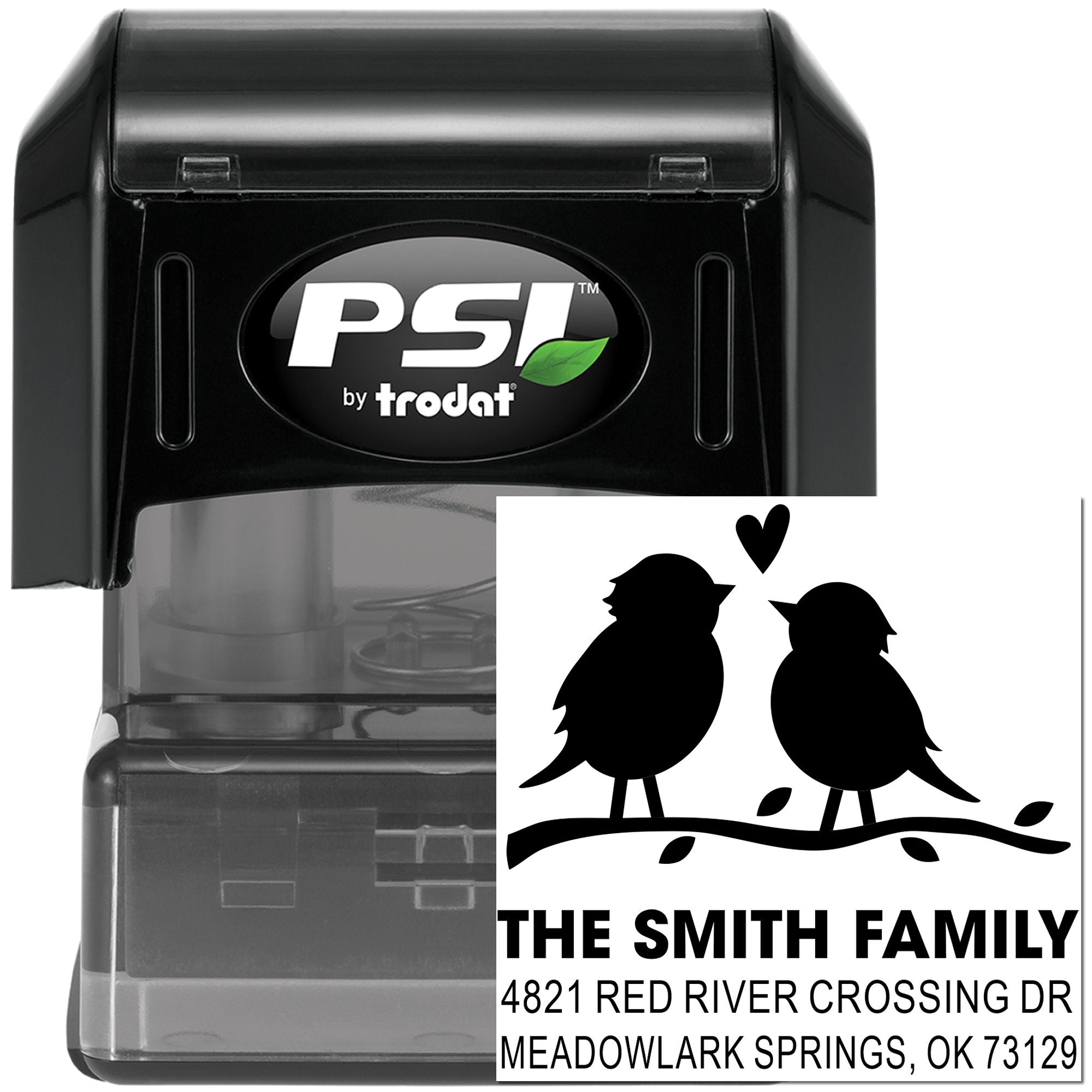 Custom self-inking address stamp with birds and heart design, personalized family return address, PSI by Trodat black rubber stamp for mailings.
