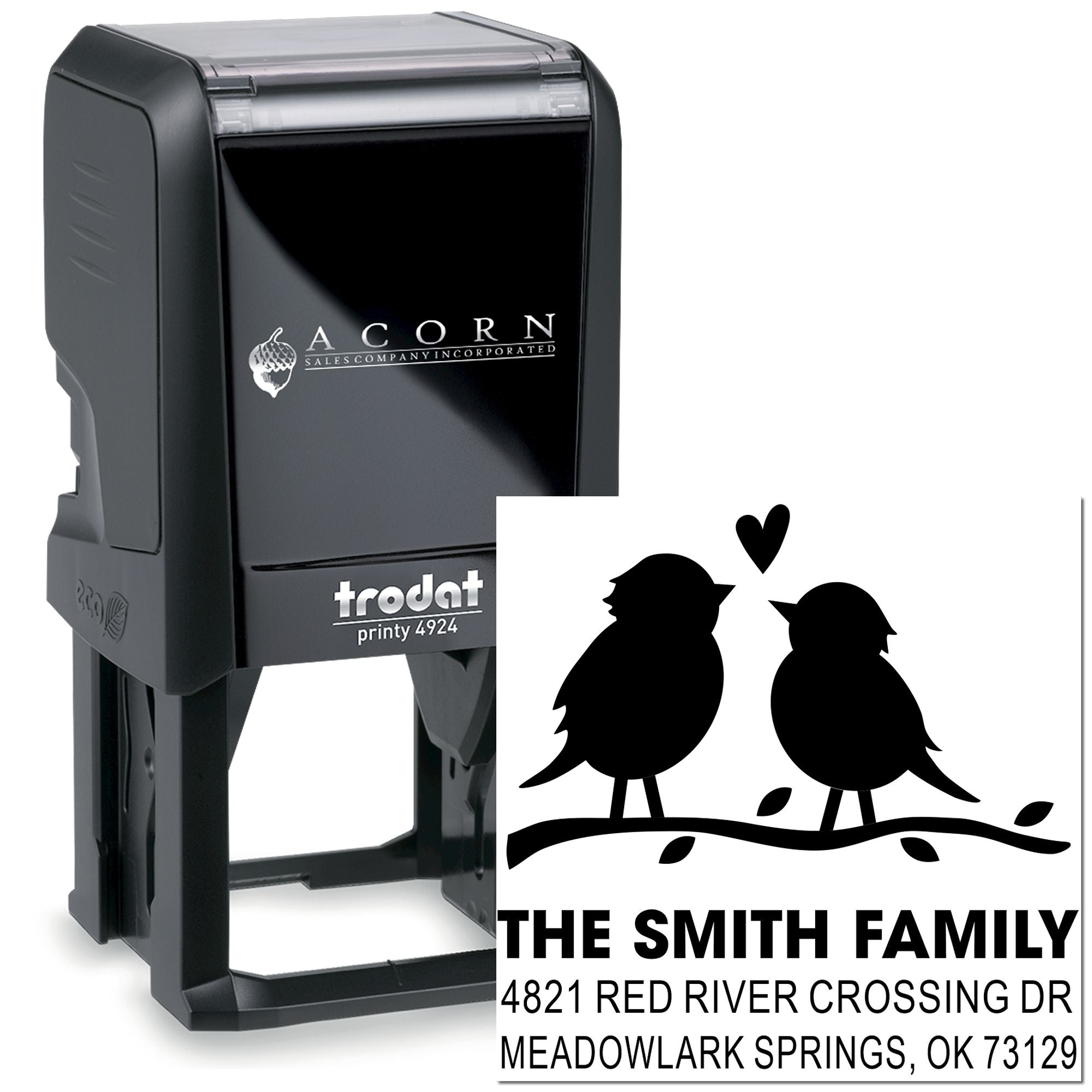 Custom self-inking Trodat rubber address stamp with birds and family name design for personalized mail, wedding invitations, and home use.