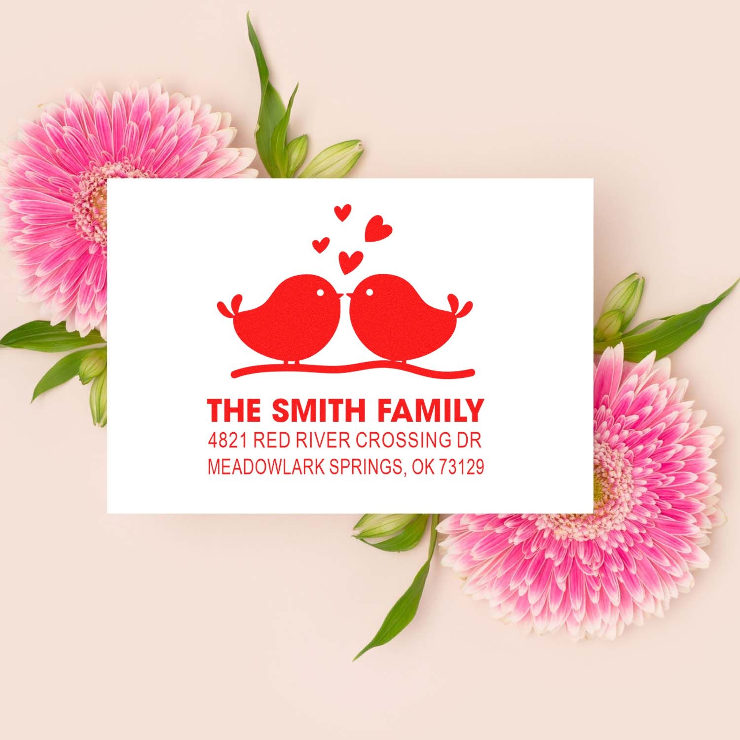 Custom family address rubber stamp with two red love birds, hearts, and personalized name and address for weddings, anniversaries, or mail.