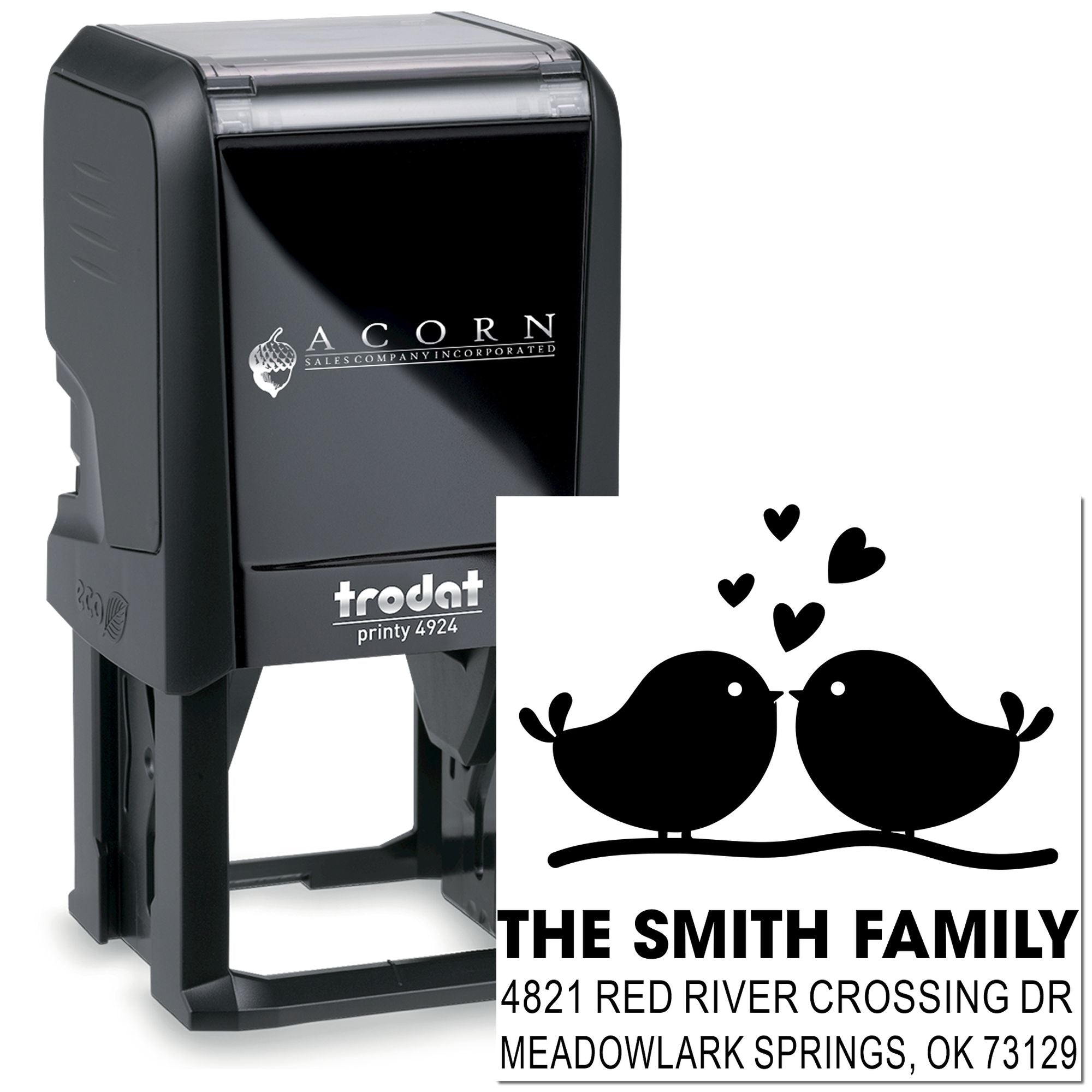 Custom self-inking rubber stamp with birds and heart design, personalized family address stamp for wedding or home mailings, black Trodat Printy