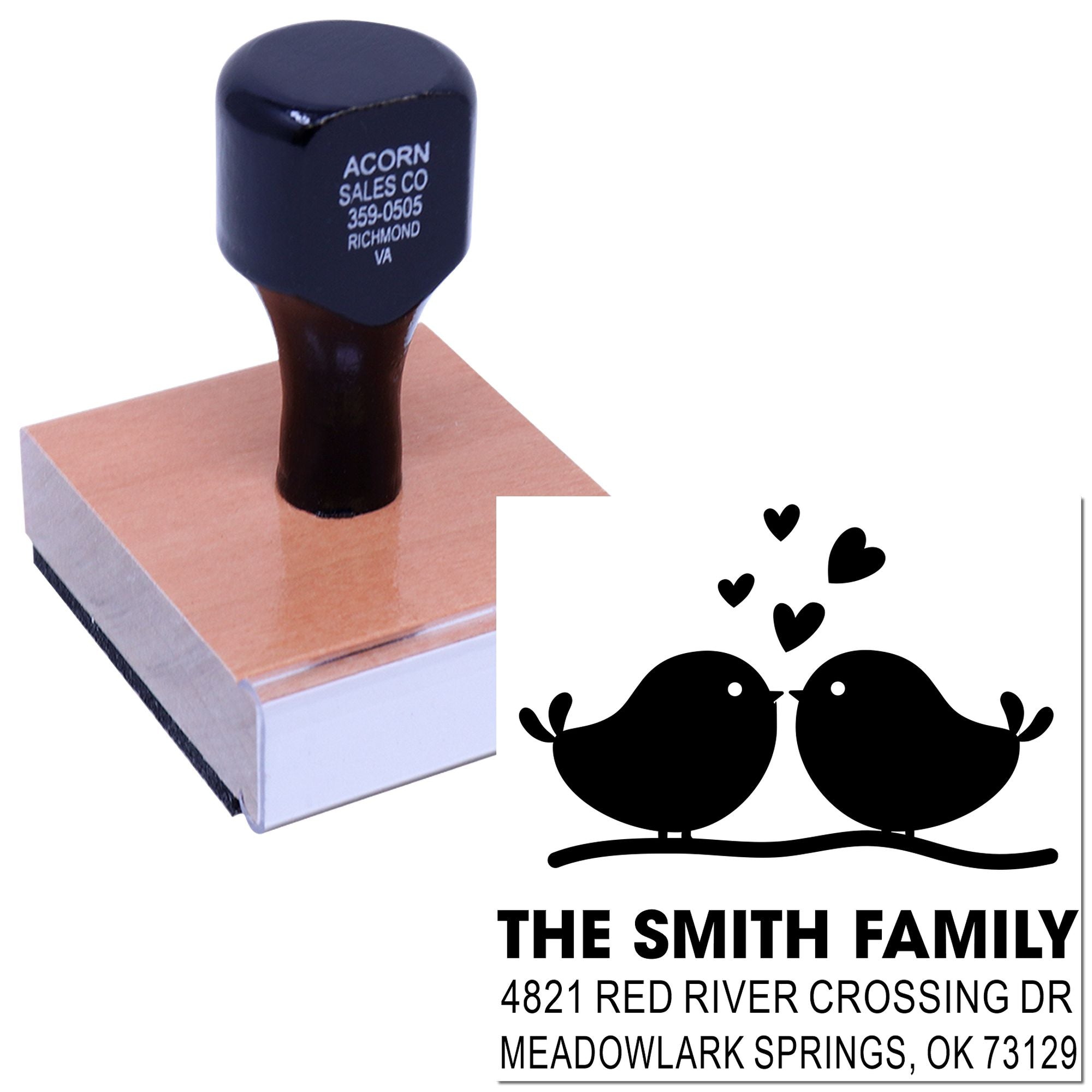 Custom self-inking rubber stamp with birds and hearts design, personalized family name and return address for home mailings and envelopes