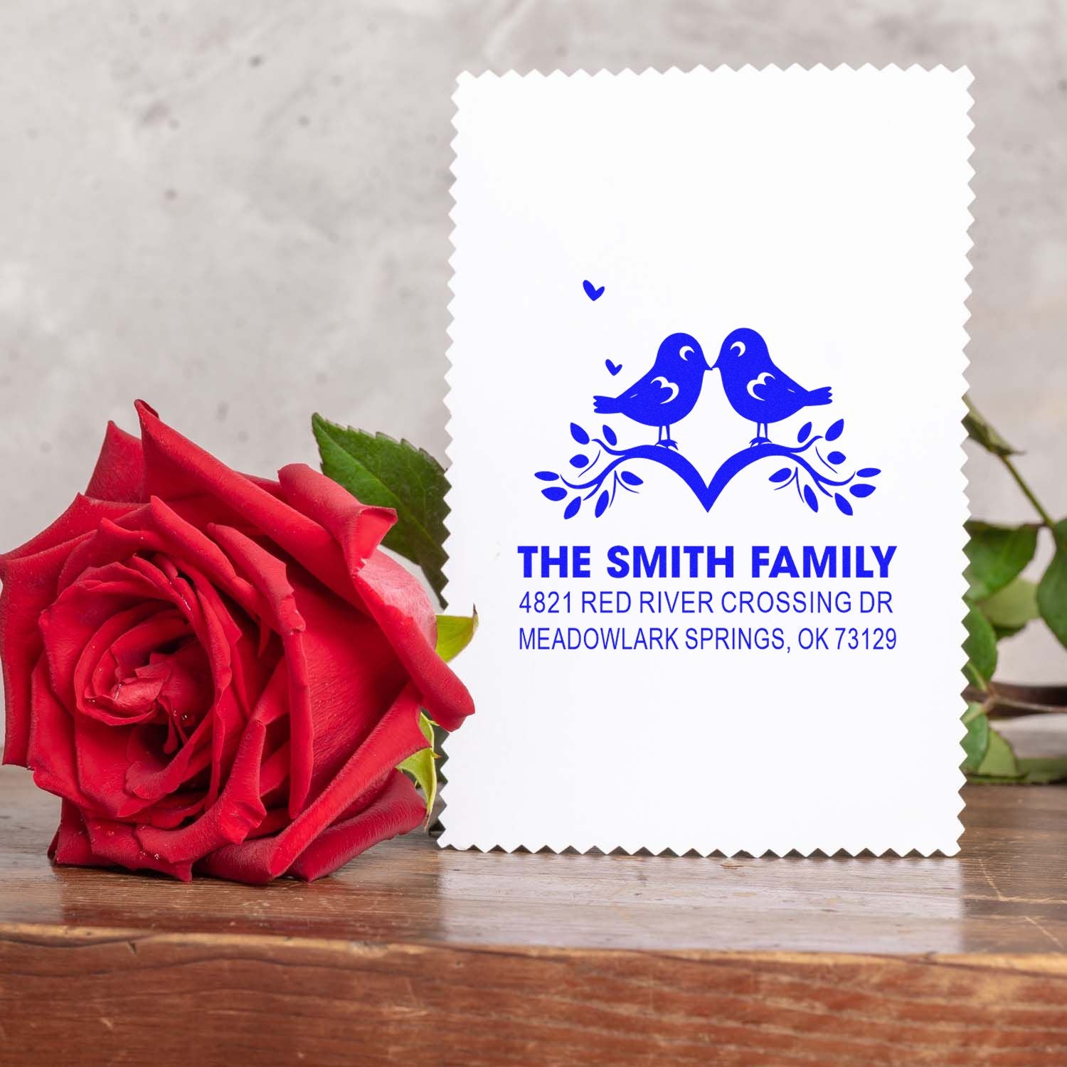 Custom address return address rubber stamp with bird and heart design for The Smith Family, blue ink style for envelopes and wedding stationery