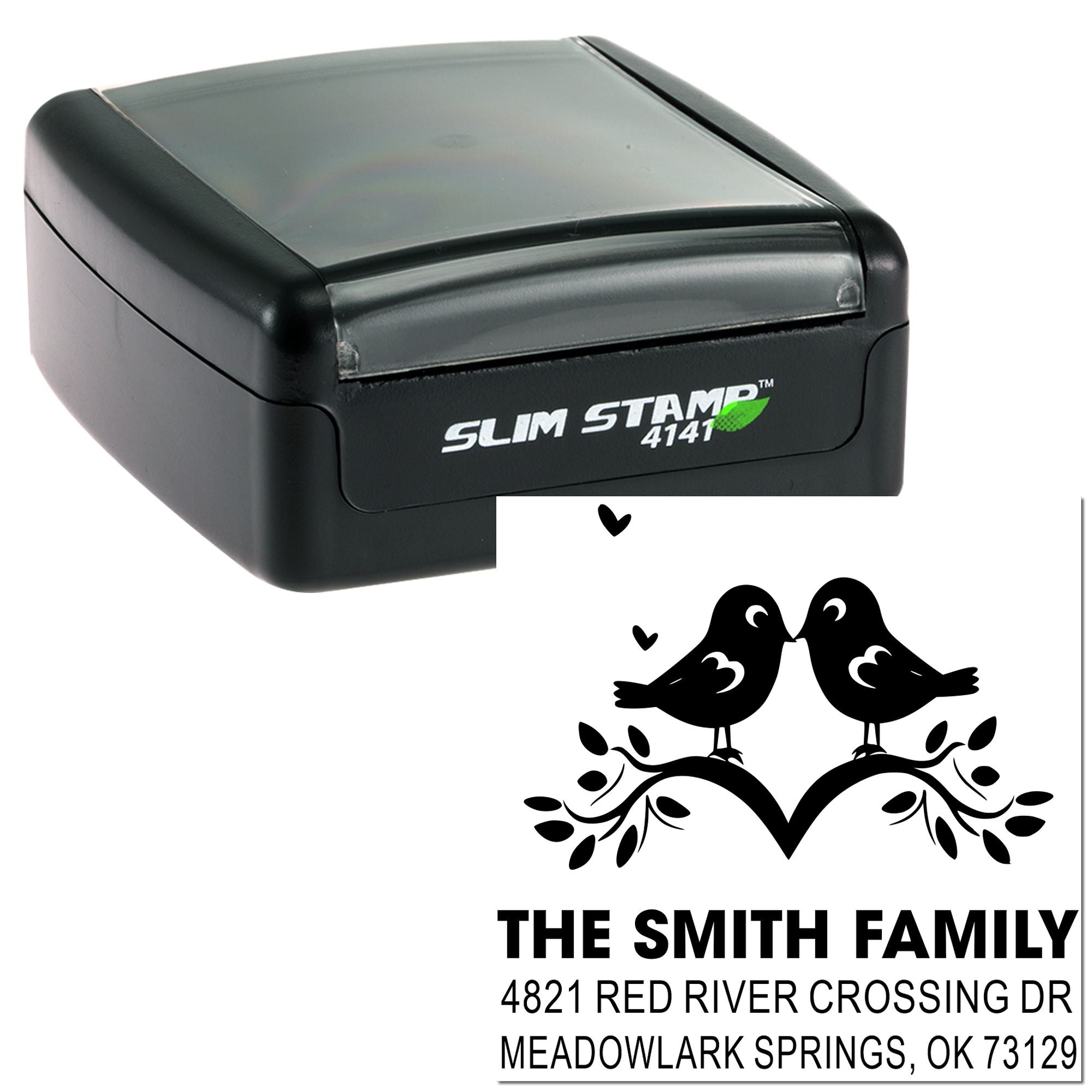 Custom self-inking rubber stamp with bird heart design, The Smith Family address stamp for envelopes, mailing, and return address labeling