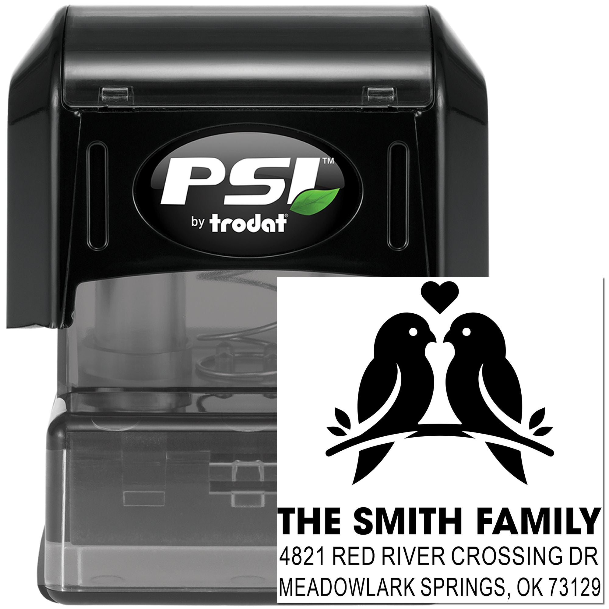 PSI by Trodat self-inking custom address stamp with bird couple design for The Smith Family, personalized return address rubber stamp for mailers