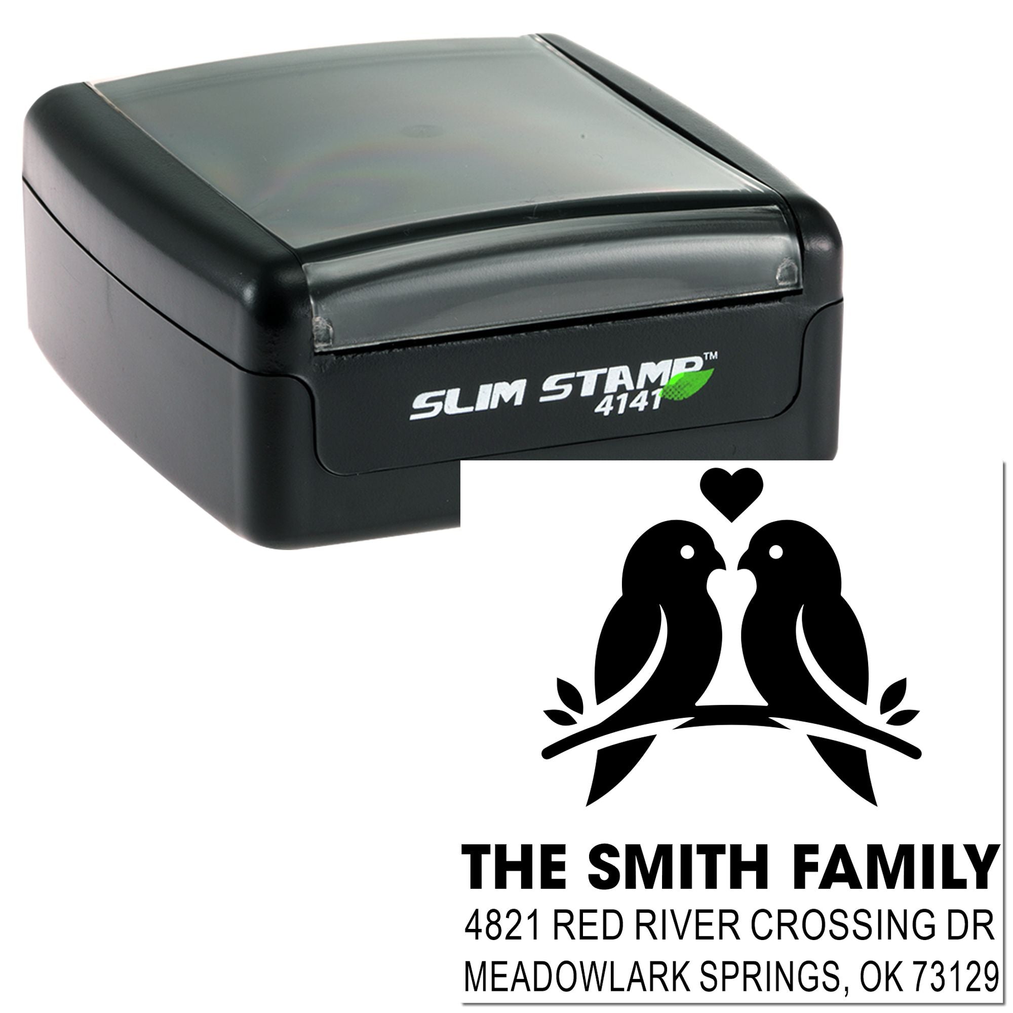 Slim Stamp 4141 personalized self-inking rubber address stamp featuring lovebirds and heart design for The Smith Family custom return imprint