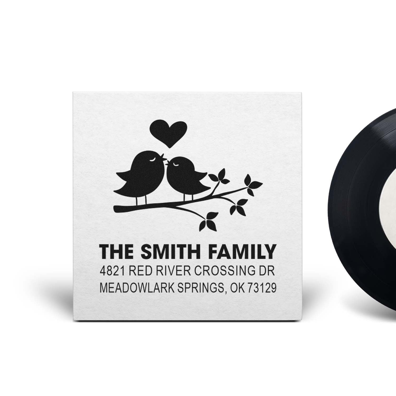 Custom family address rubber stamp with two birds, heart, and branch design, featuring Smith Family name and Meadowlark Springs, OK return address