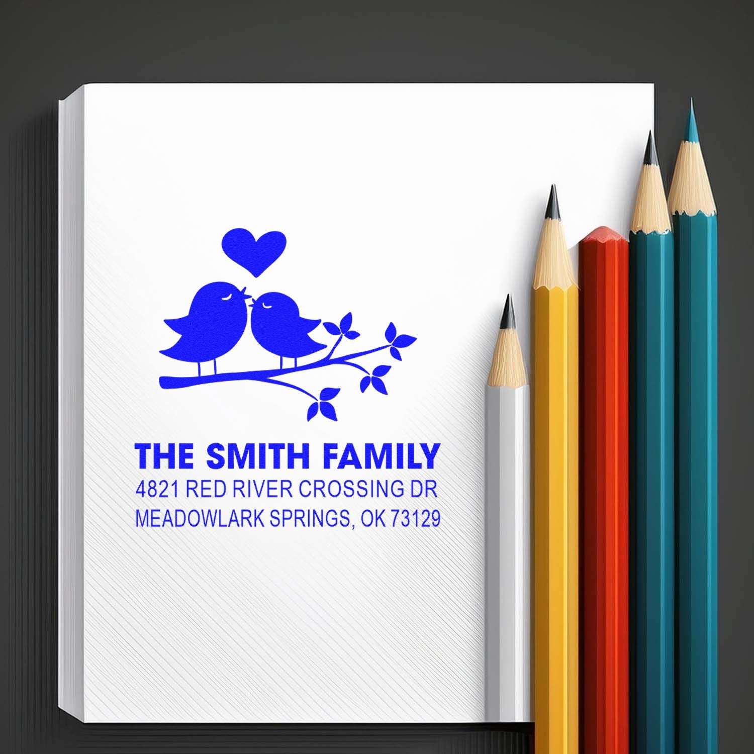 Custom family address rubber stamp with birds and heart design for personalized stationery, featuring The Smith Family return address.
