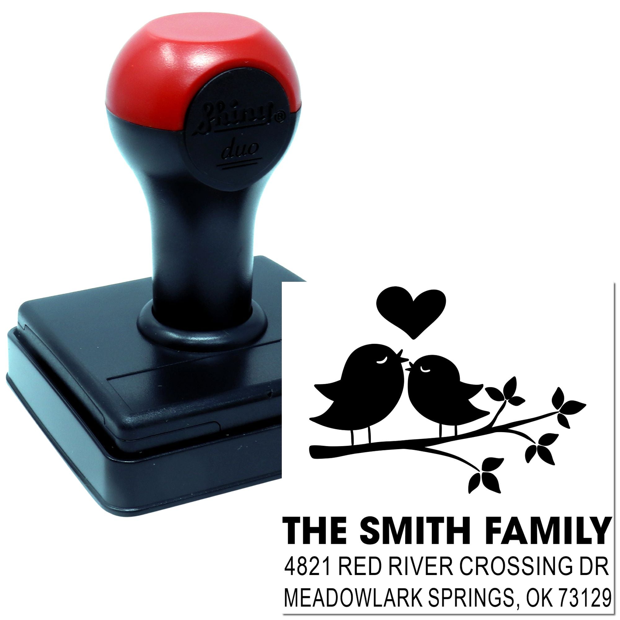 Custom self-inking rubber stamp with bird and heart design, personalized Smith family return address stamp for envelopes, cards, and mailings