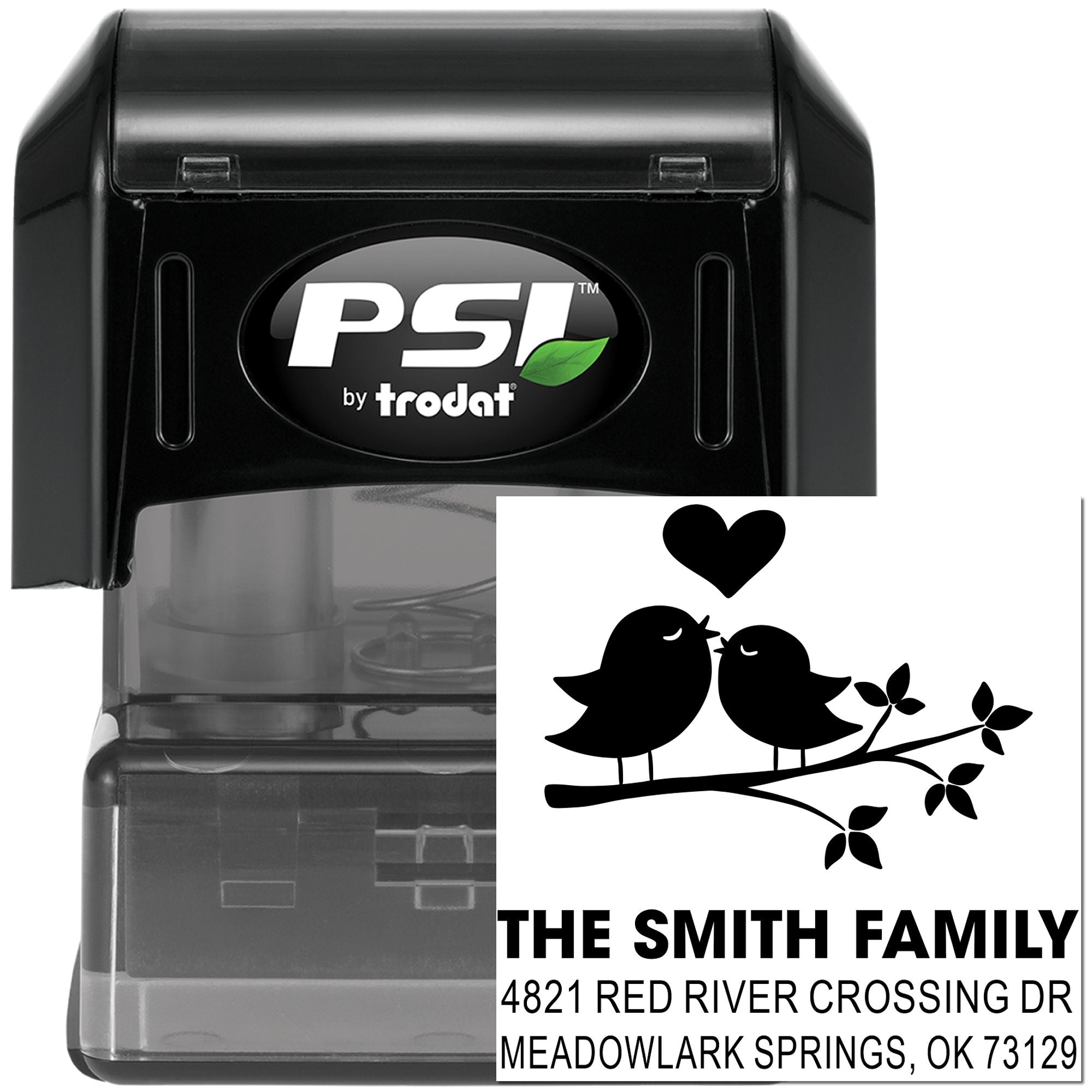 Custom self-inking rubber stamp with birds and heart design, PSI by Trodat, personalized family address stamp for mail, cards, and crafts.