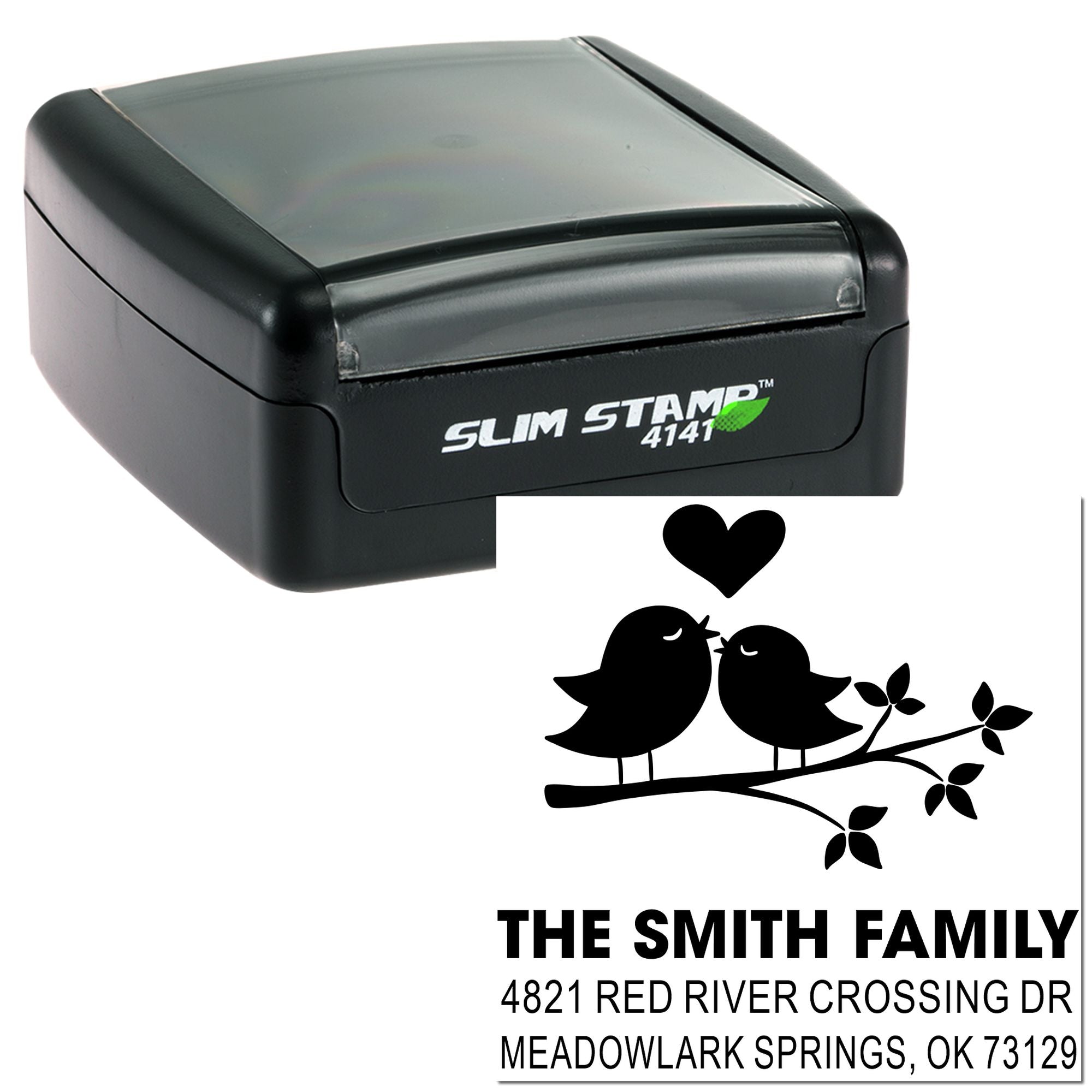 Slim Stamp 4141 custom self-inking rubber stamp with birds and heart design for The Smith Family address on personalized mailing stationery