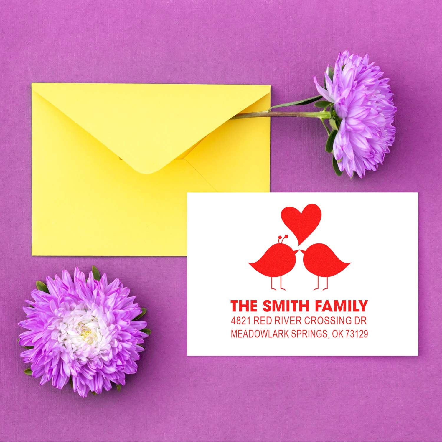 Personalized return address rubber stamp with bird and heart logo, The Smith Family name, and Meadowlark Springs, OK mailing address for envelopes.