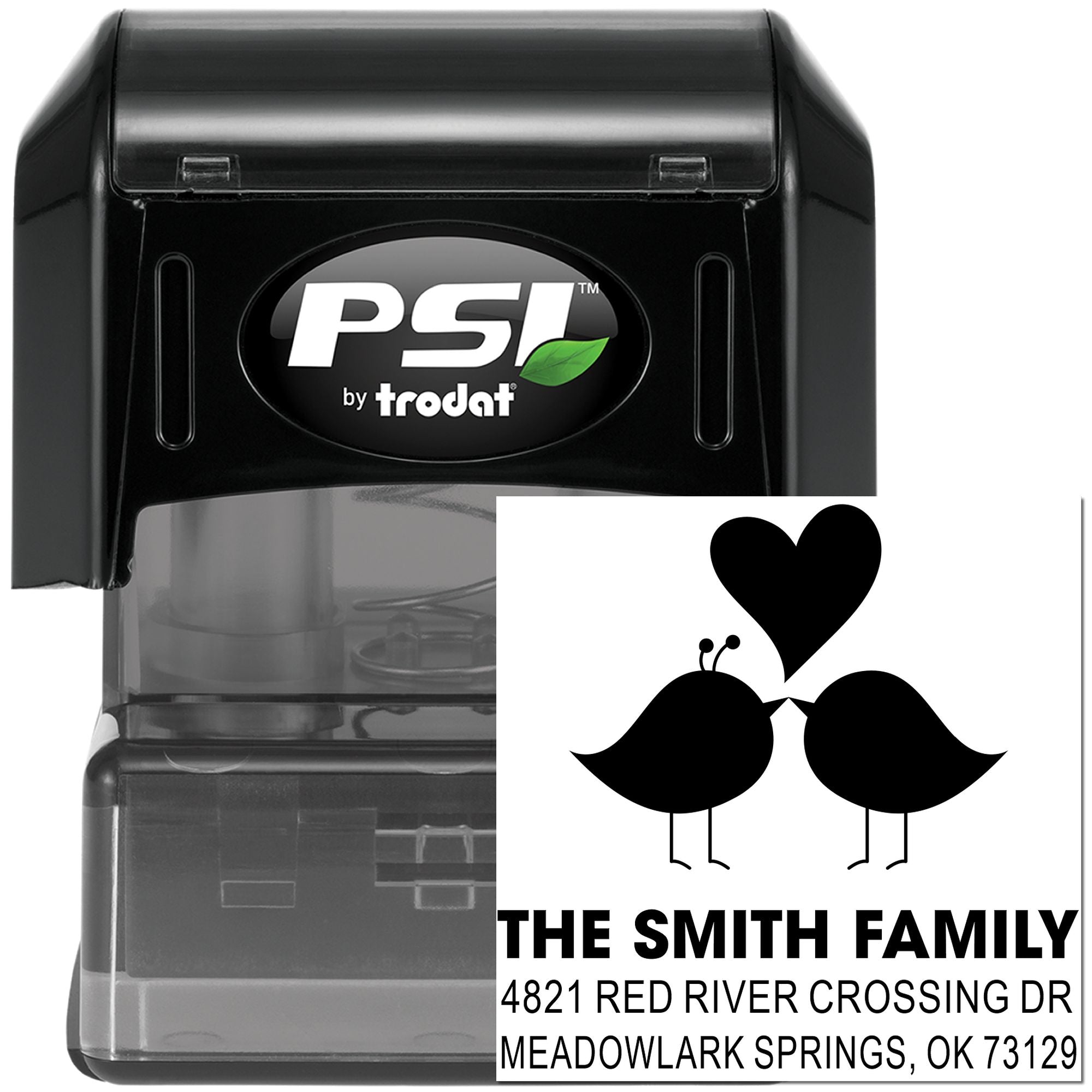 Custom self-inking rubber stamp by PSI Trodat with personalized family address design, birds and heart logo, and return address text for mail.