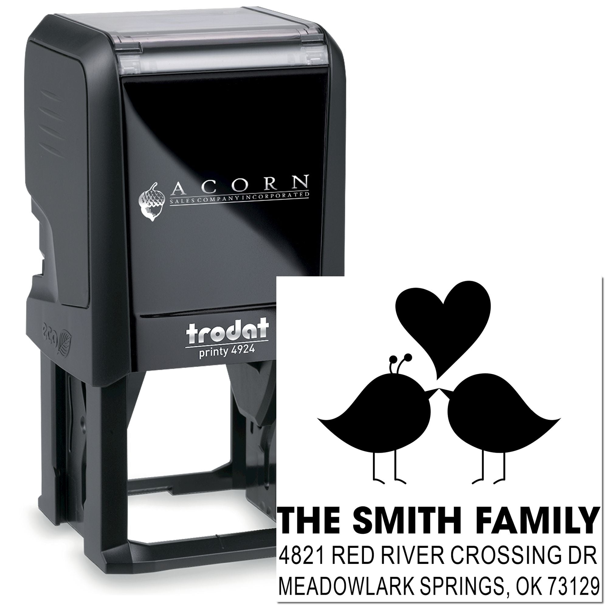 Custom self-inking rubber address stamp with heart and birds design, personalized Smith family return address stamp for envelopes and mailings.