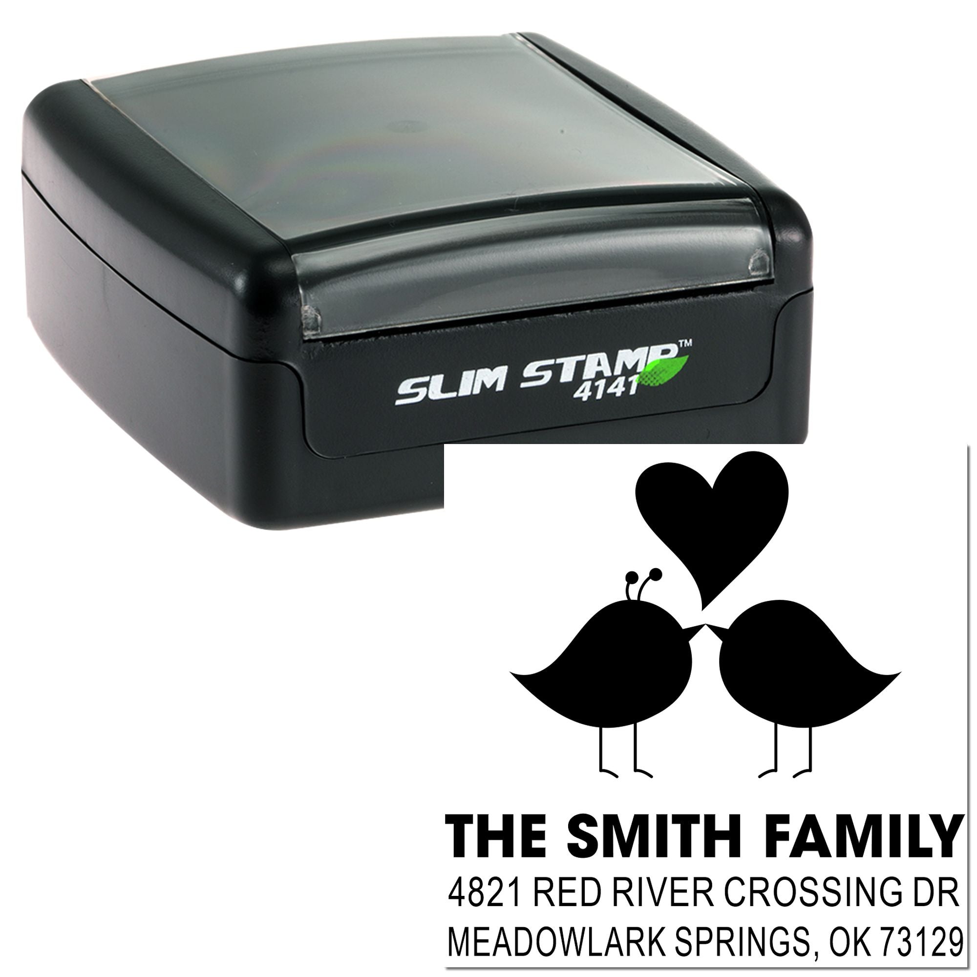 Slim Stamp 4141 custom black self-inking rubber stamp with heart and birds design, personalized family return address stamp for mailing envelopes