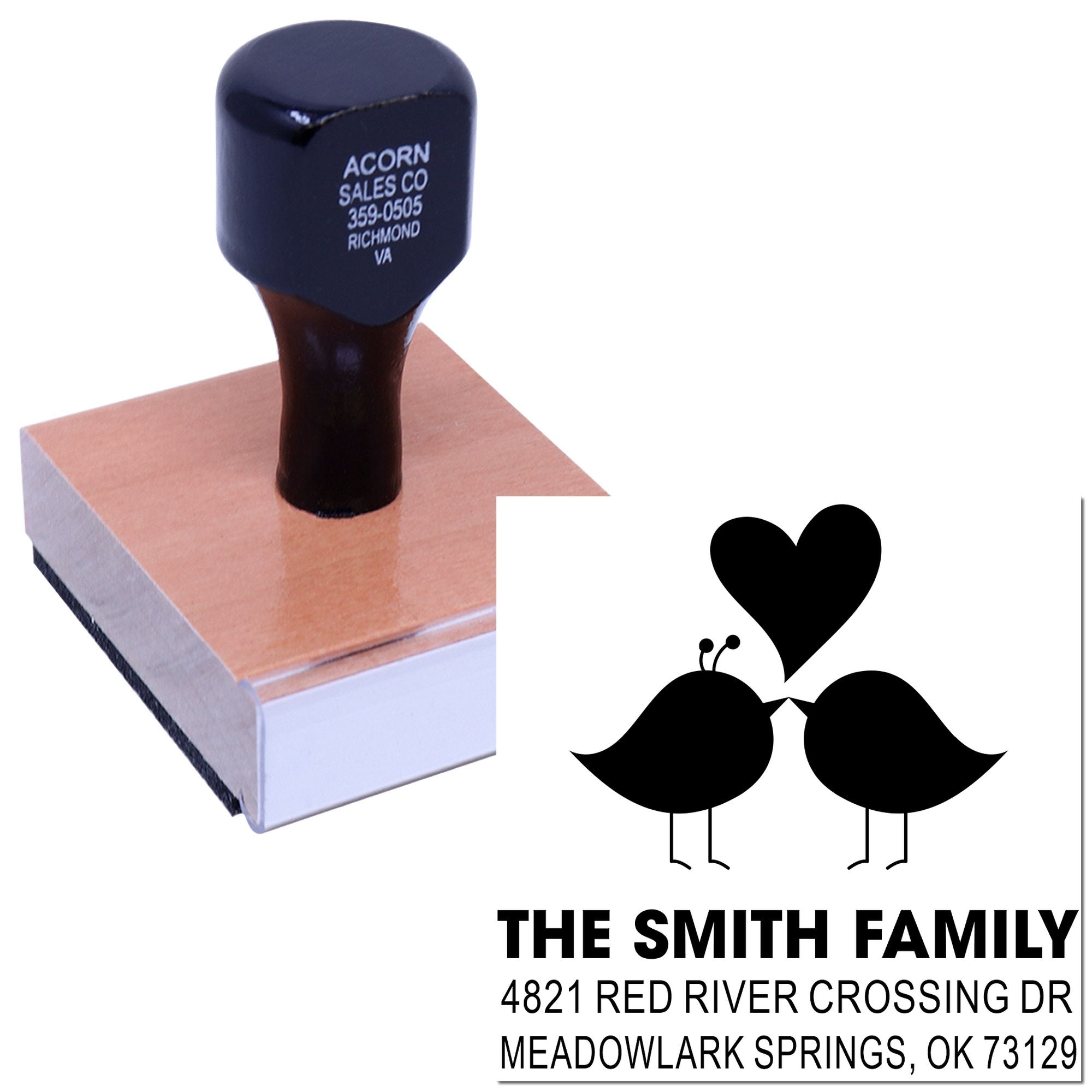 Custom self-inking rubber stamp with bird and heart family address design, personalized return address stamp for home, weddings, or housewarming gifts.