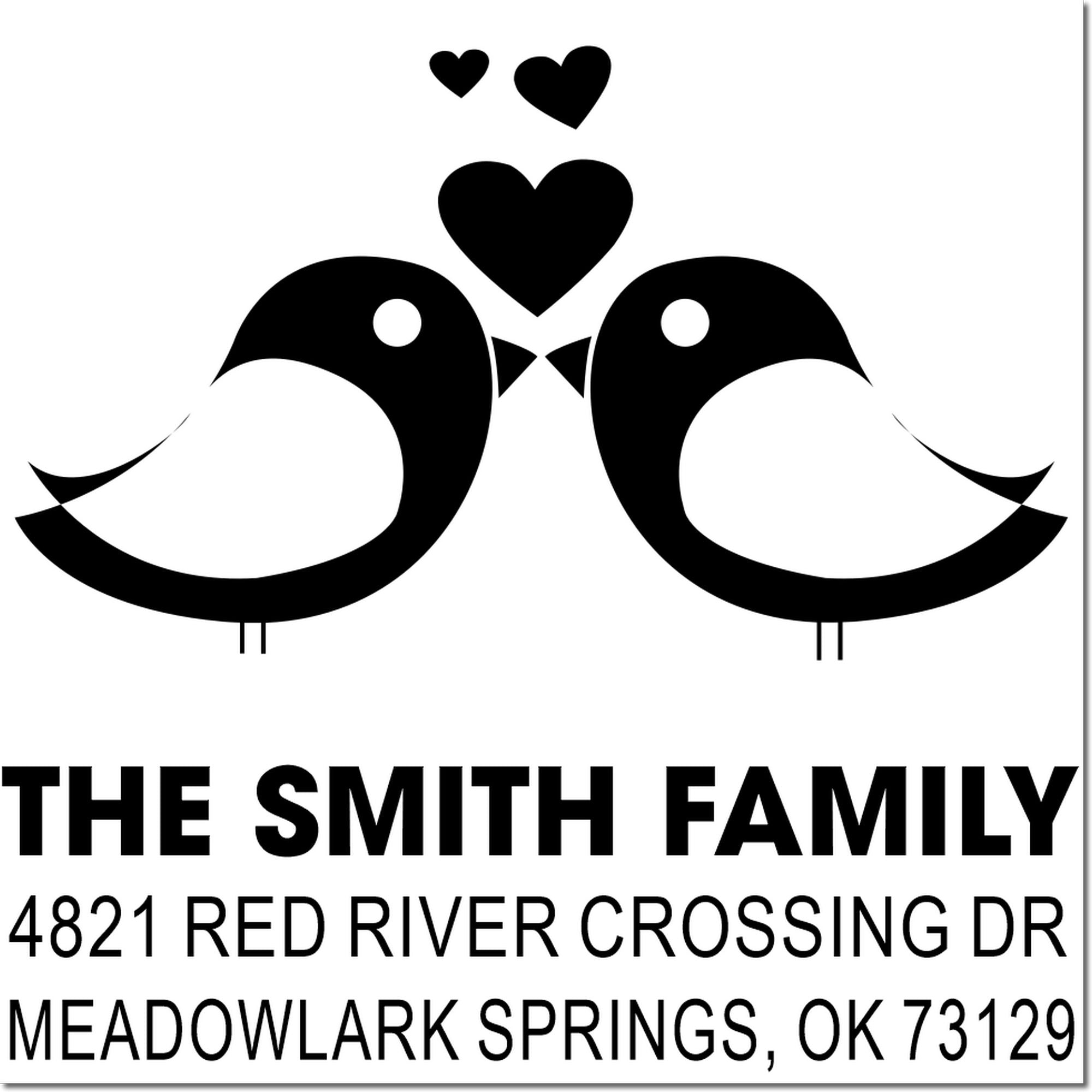 Personalized rubber stamp with two birds and hearts, featuring The Smith Family name and Meadowlark Springs OK return address for mailing.