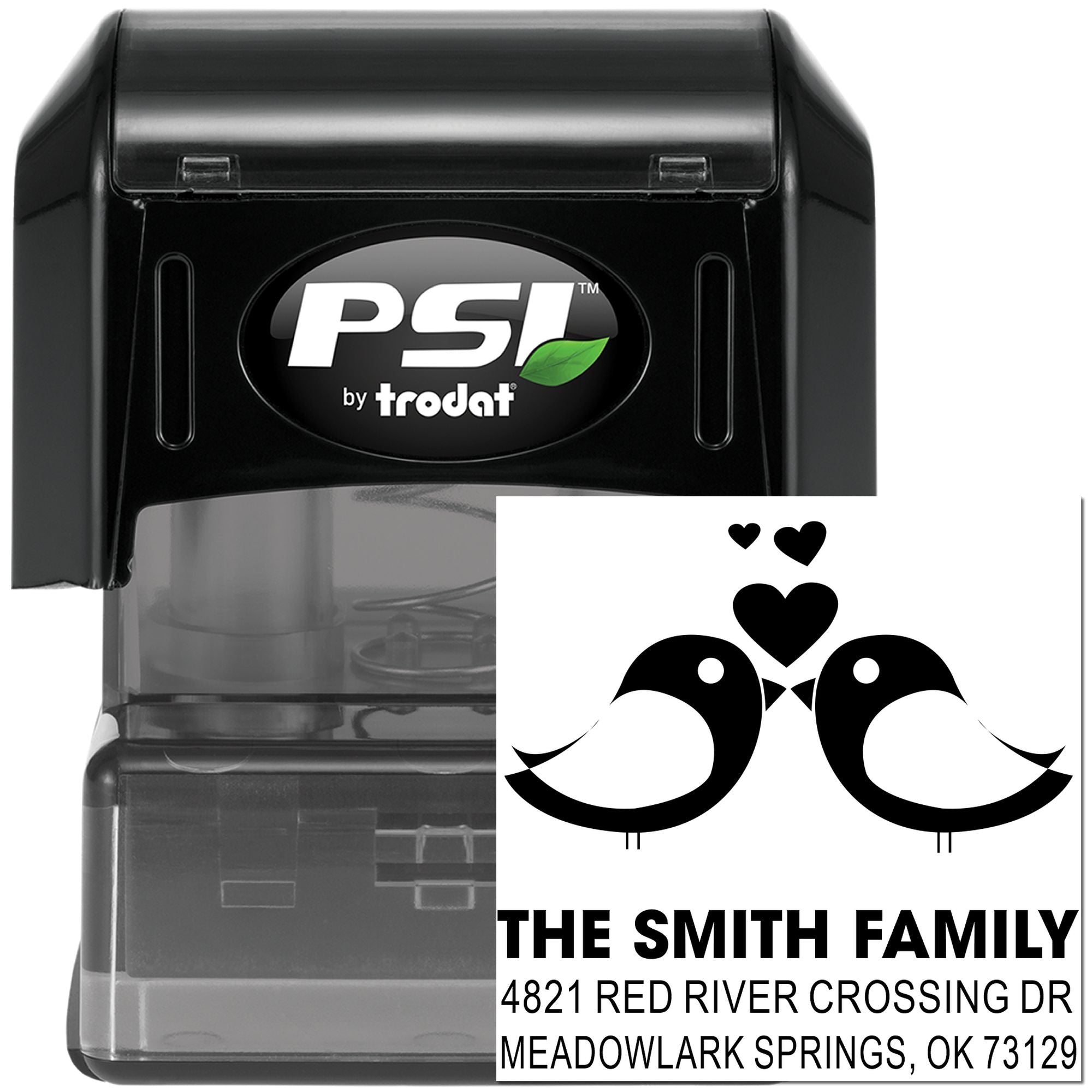 Personalized self-inking rubber address stamp with PSI by trodat branding, bird and heart design, and The Smith Family return address for mailing.