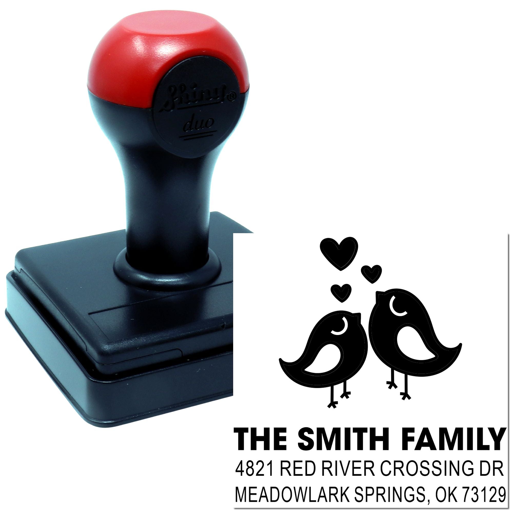 Custom self-inking rubber stamp with birds and hearts, personalized Smith Family address return stamp for mail, gifts, and home use, black handle.