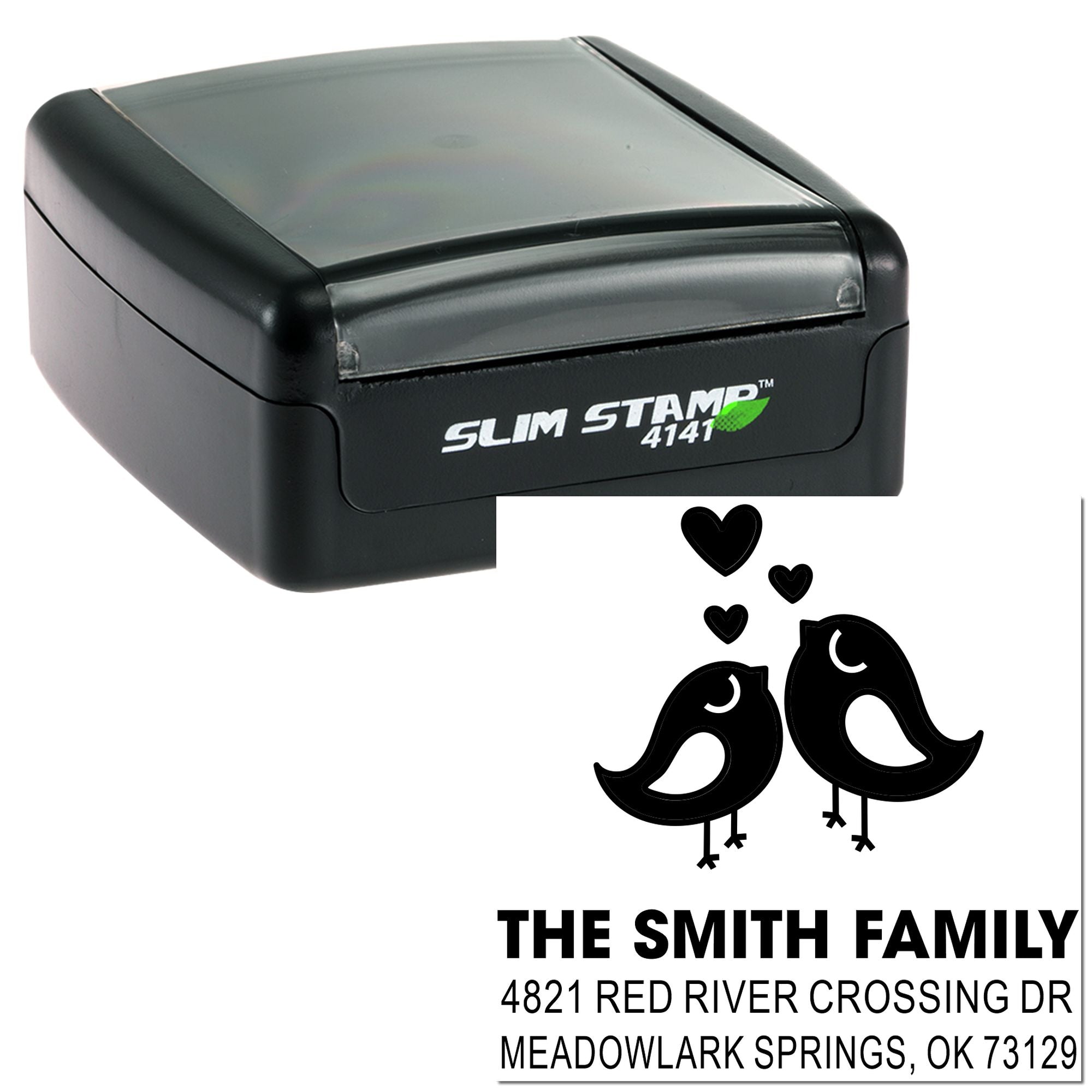 Custom self-inking rubber stamp with bird and heart design, personalized family name and address block for home mail and wedding stationery
