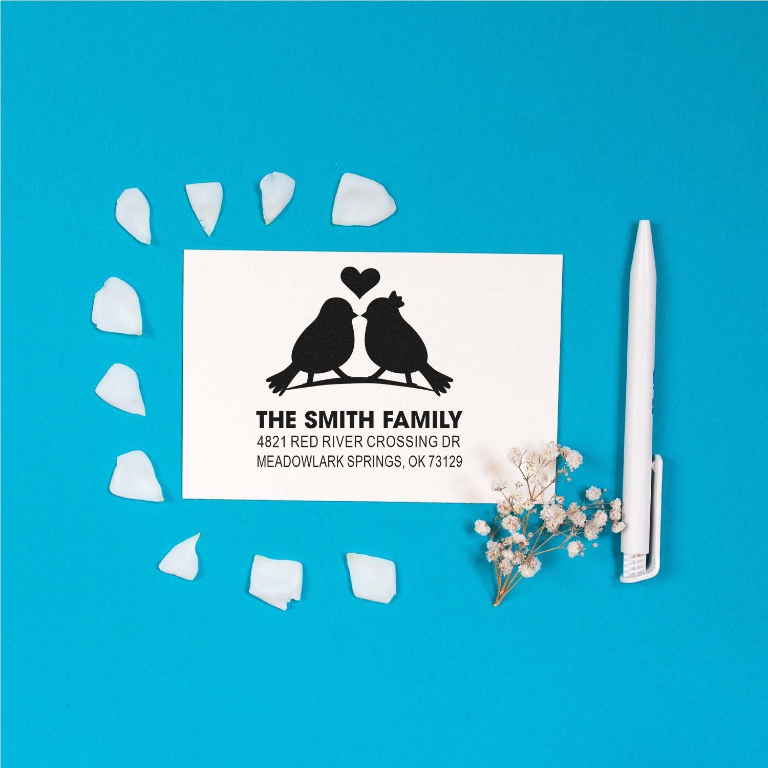 Custom family address rubber stamp with birds and heart design, personalized return address stamp for wedding invites, mail, and stationery