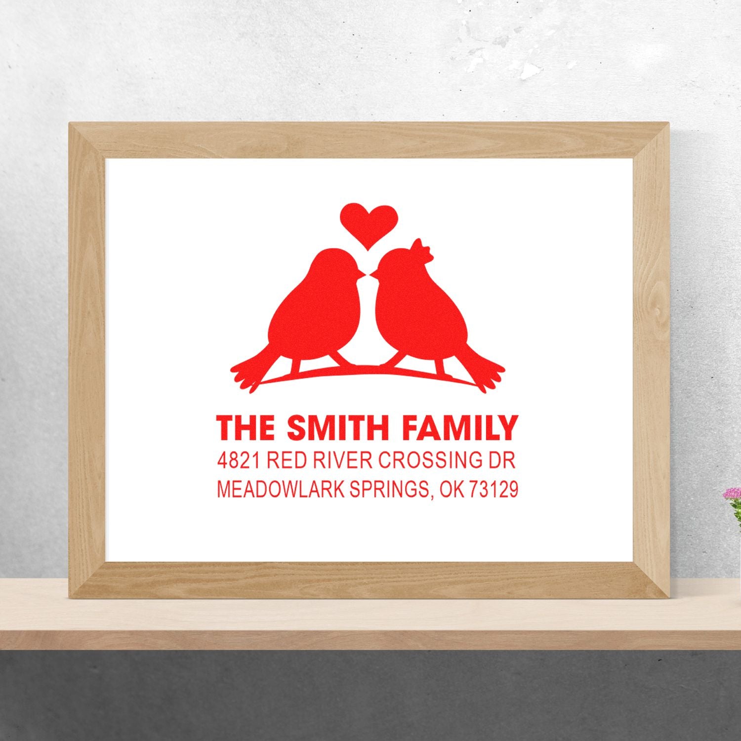 Custom rubber stamp with two birds and heart, personalized Smith family return address design for wedding stationery, cards and home correspondence