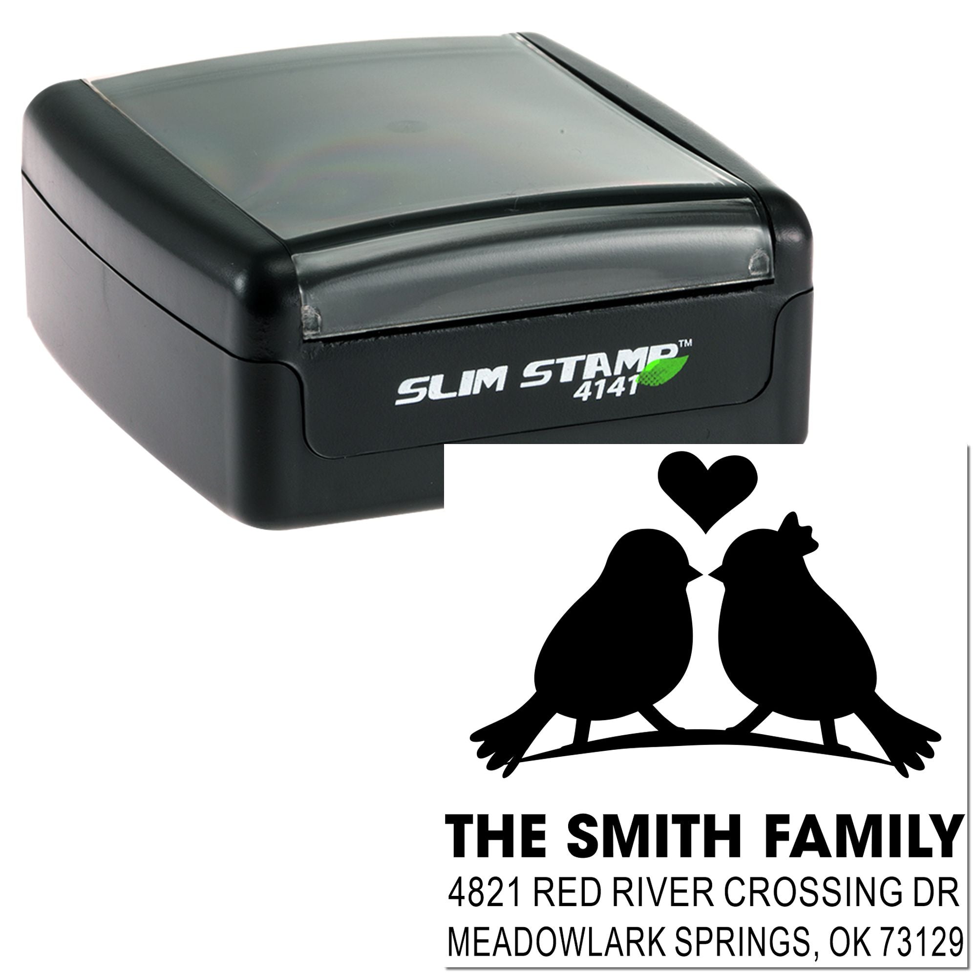 Custom self-inking rubber address stamp with birds and heart design, personalized for The Smith Family return address and wedding mailings.