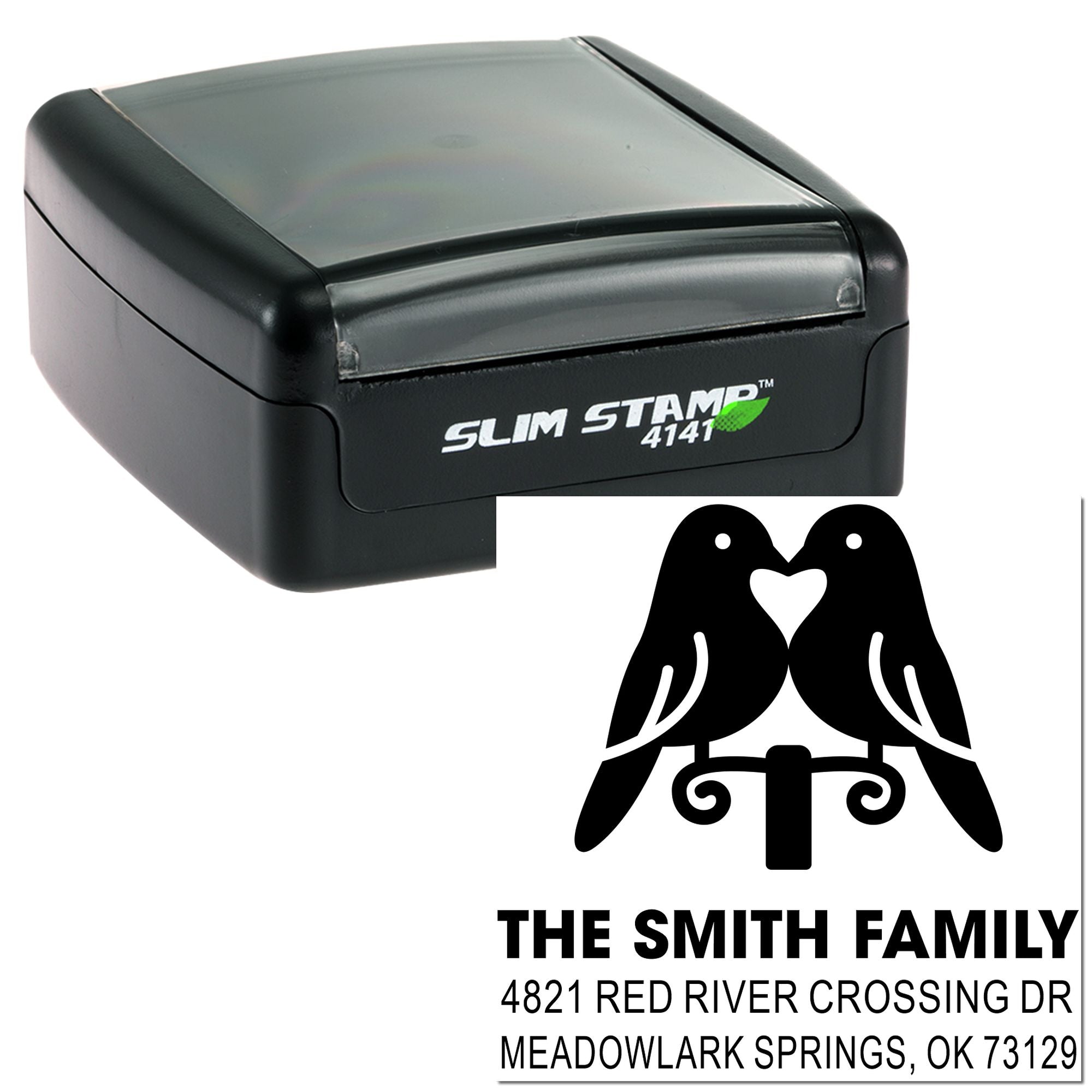 Slim Stamp 4141 custom self-inking rubber stamp with bird logo, The Smith Family name, and full return address for mailing and envelopes.