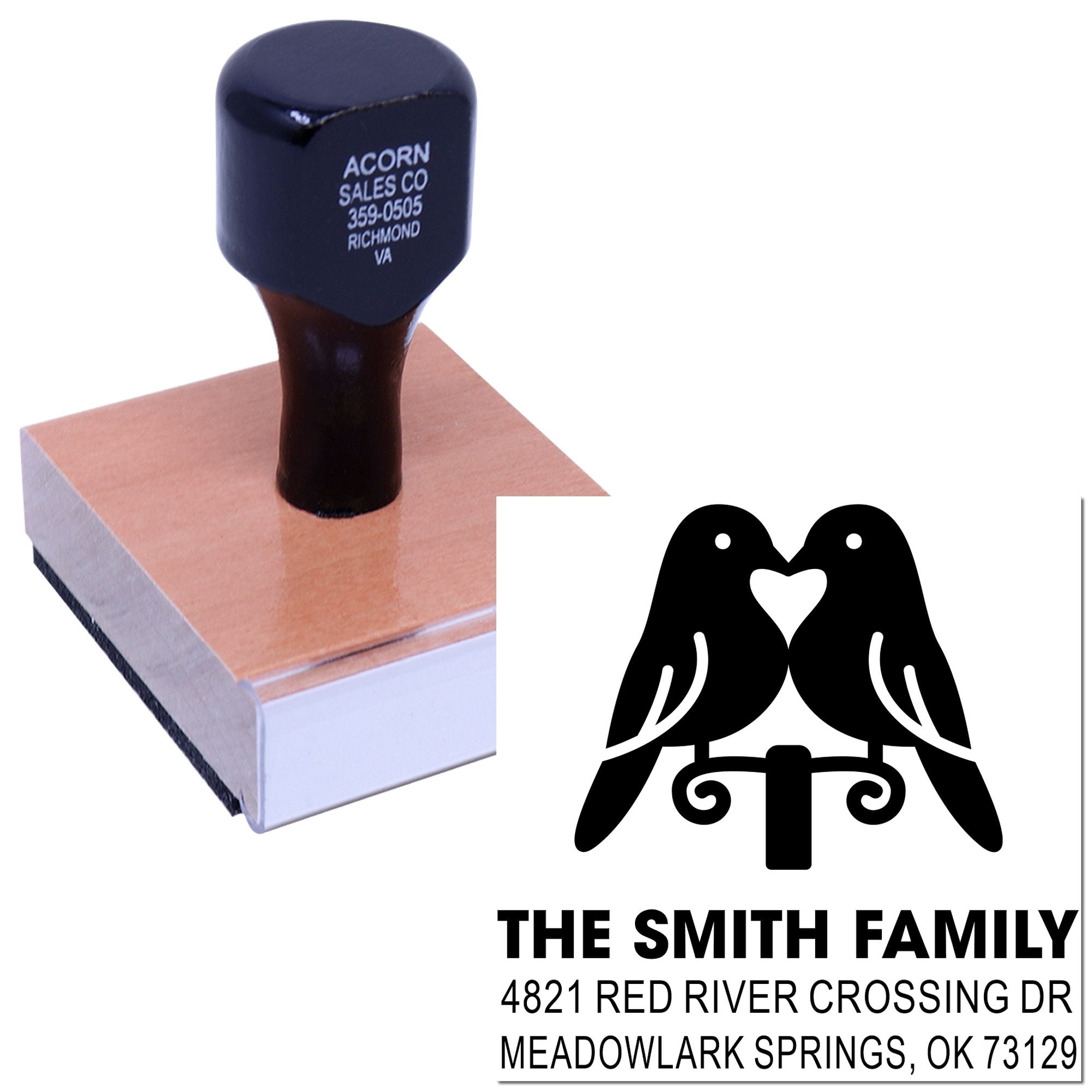 Custom rubber address stamp with lovebird design, The Smith Family name and address, ideal for return envelopes, wedding invitations, and home stationery.